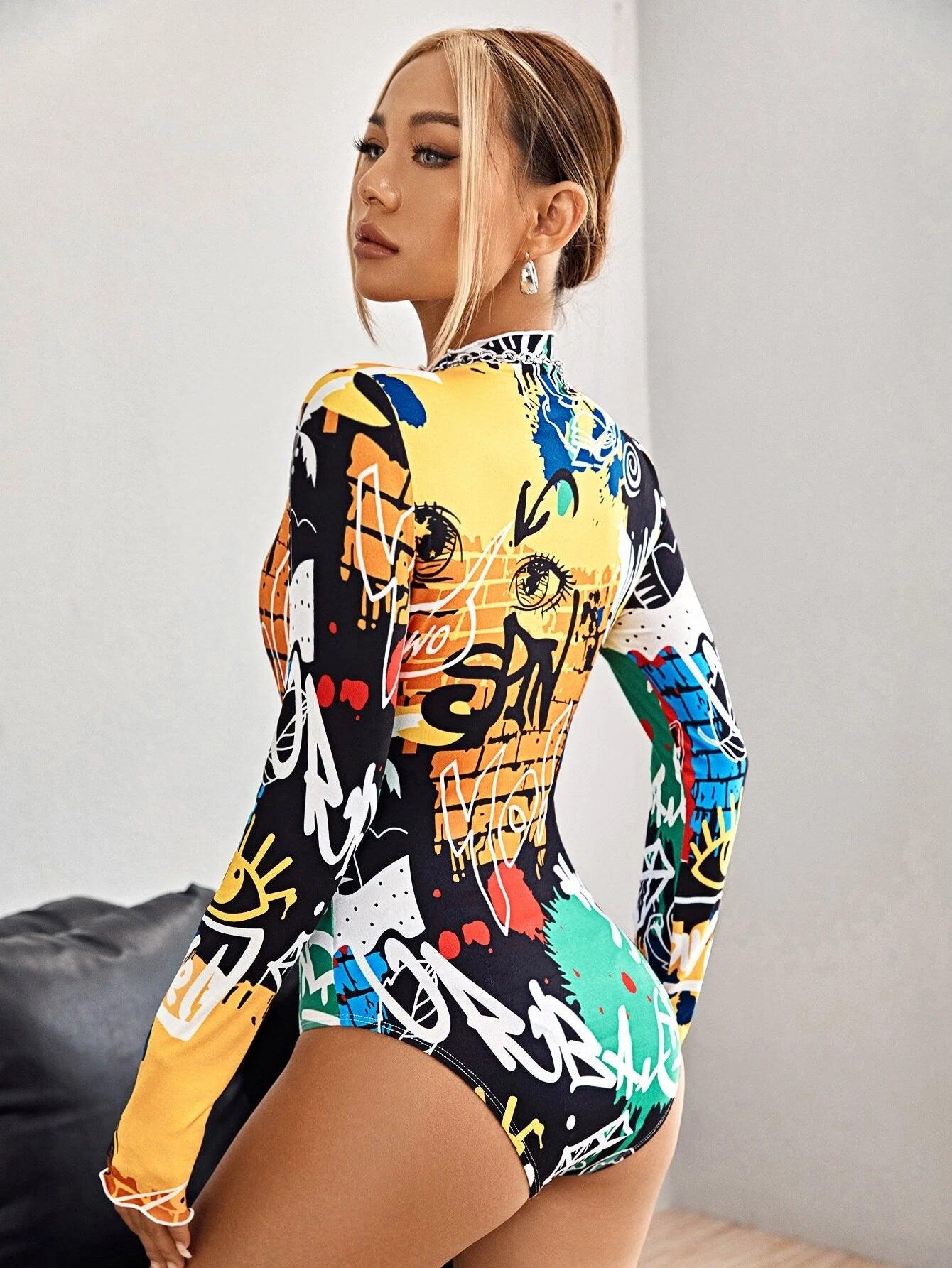 Graffiti Print Lettuce Trim Mock Neck Bodysuit-Comfy Jumpsuits