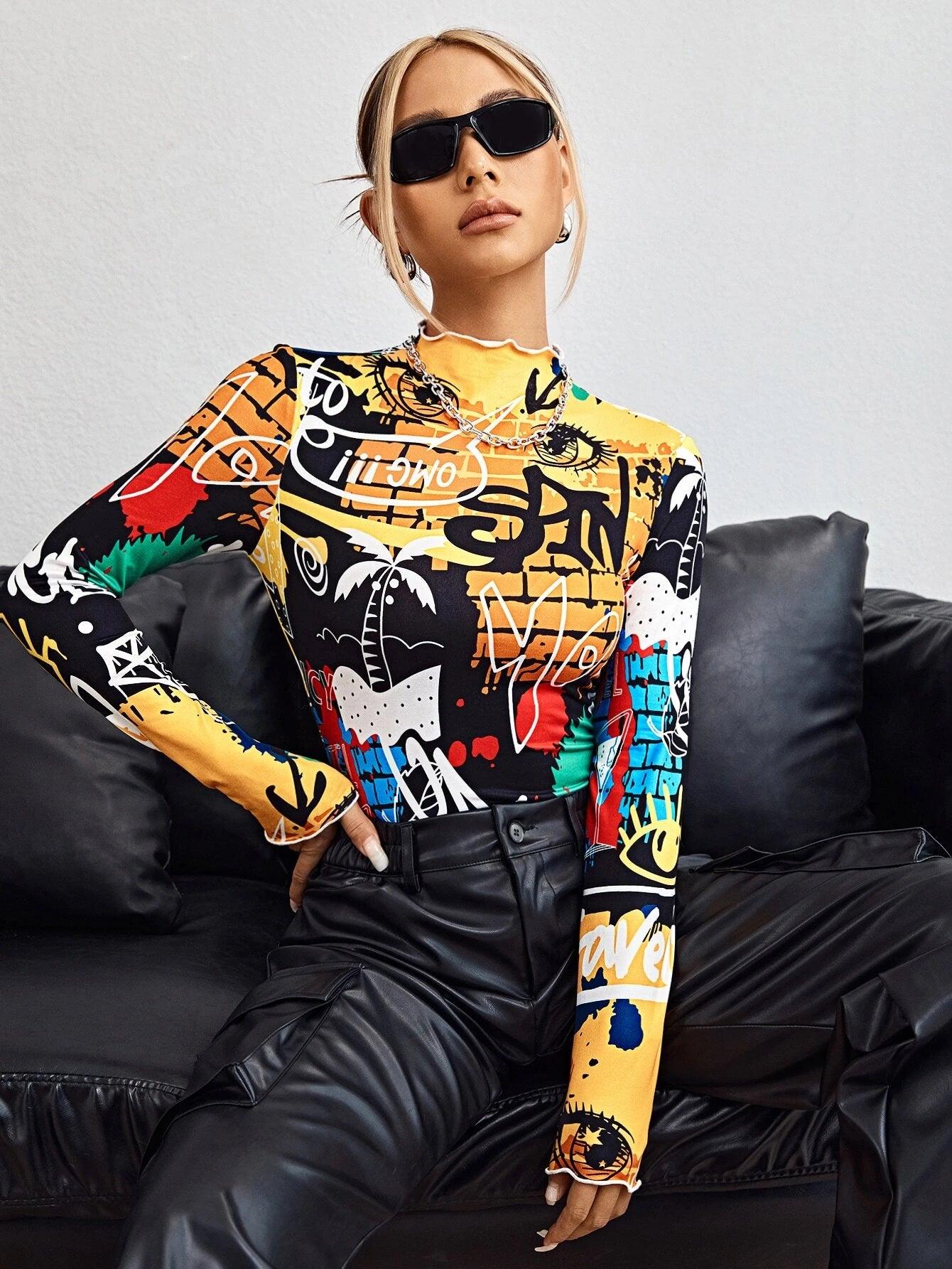 Graffiti Print Lettuce Trim Mock Neck Bodysuit-Comfy Jumpsuits