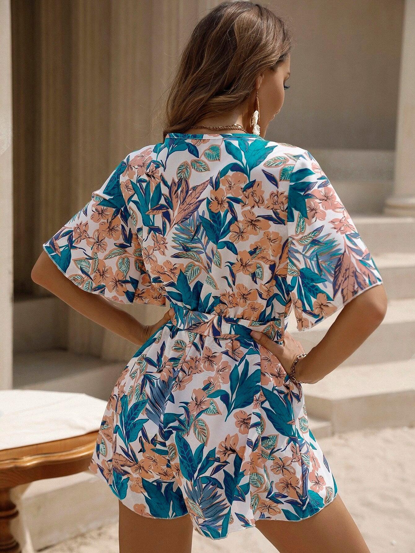 Floral Print Wrap Belted Jumpsuit-Comfy Jumpsuits