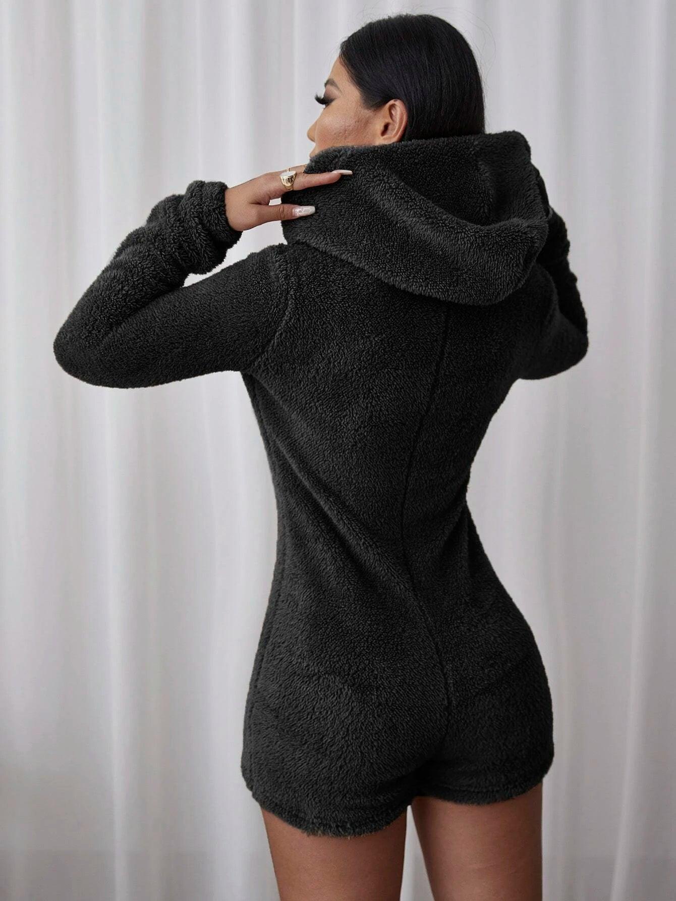 Zip Up Hooded Teddy Romper-Comfy Jumpsuits