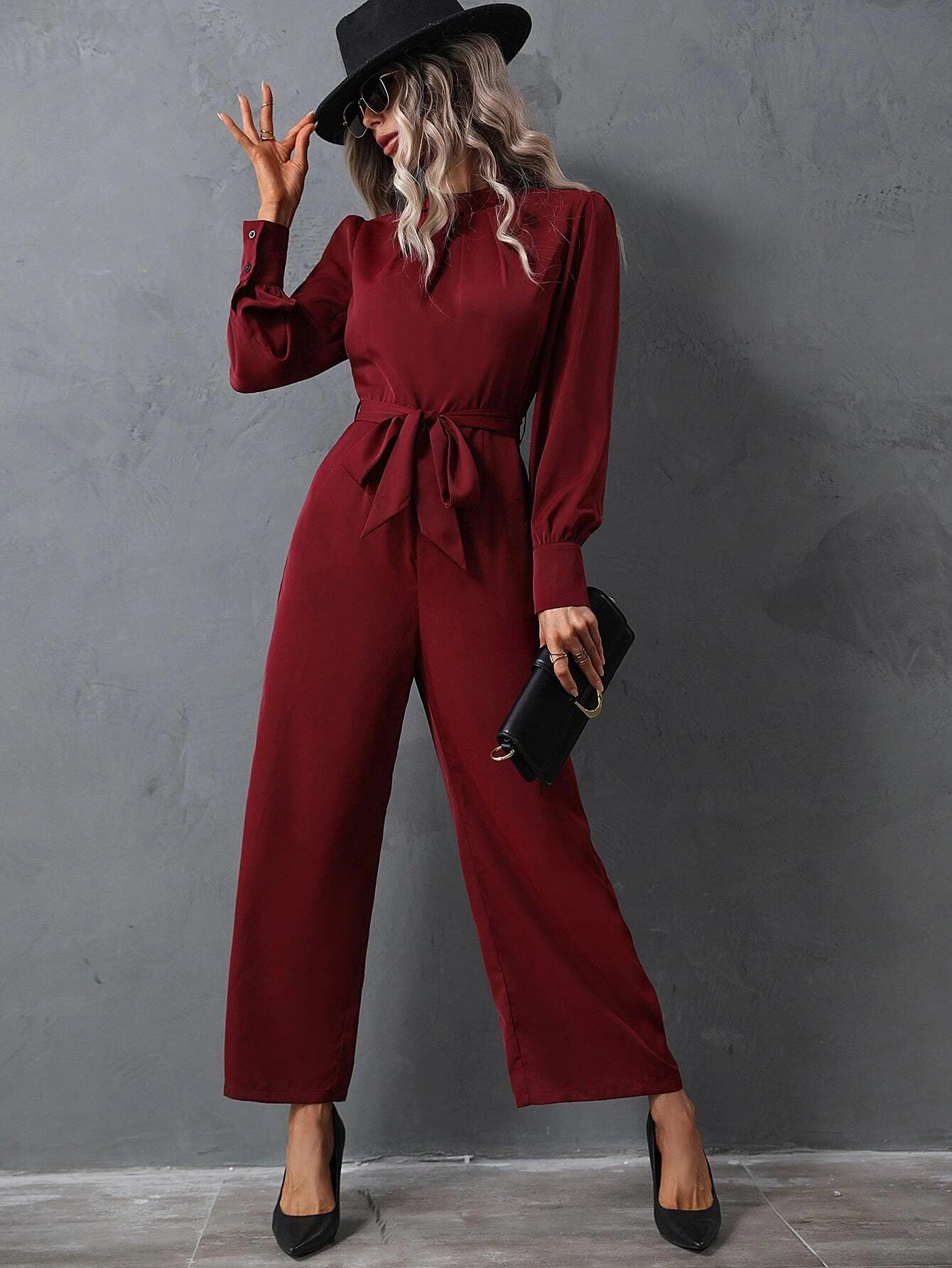 Mock Neck Sleeve Belted Jumpsuit-Comfy Jumpsuits