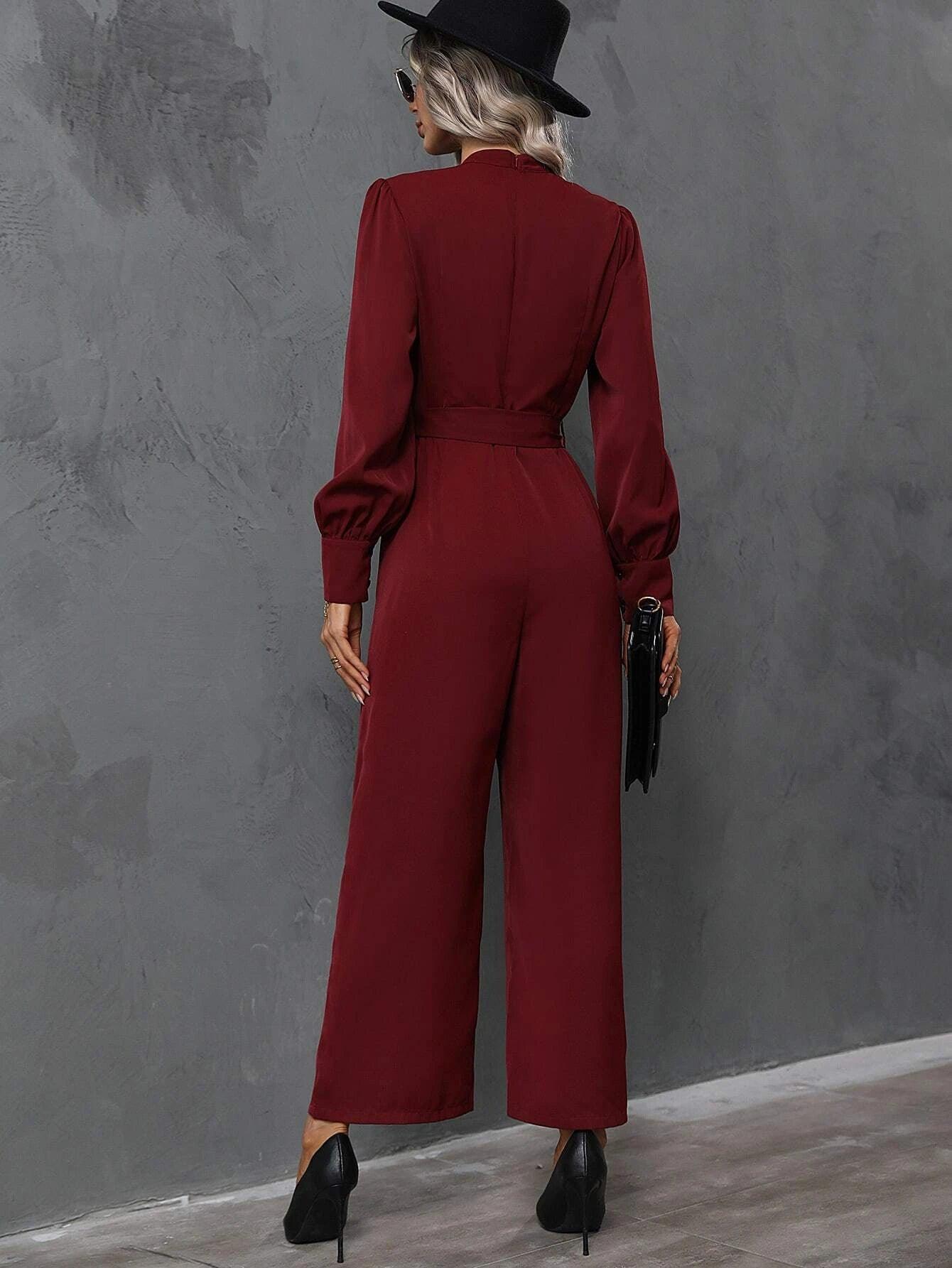 Mock Neck Sleeve Belted Jumpsuit-Comfy Jumpsuits