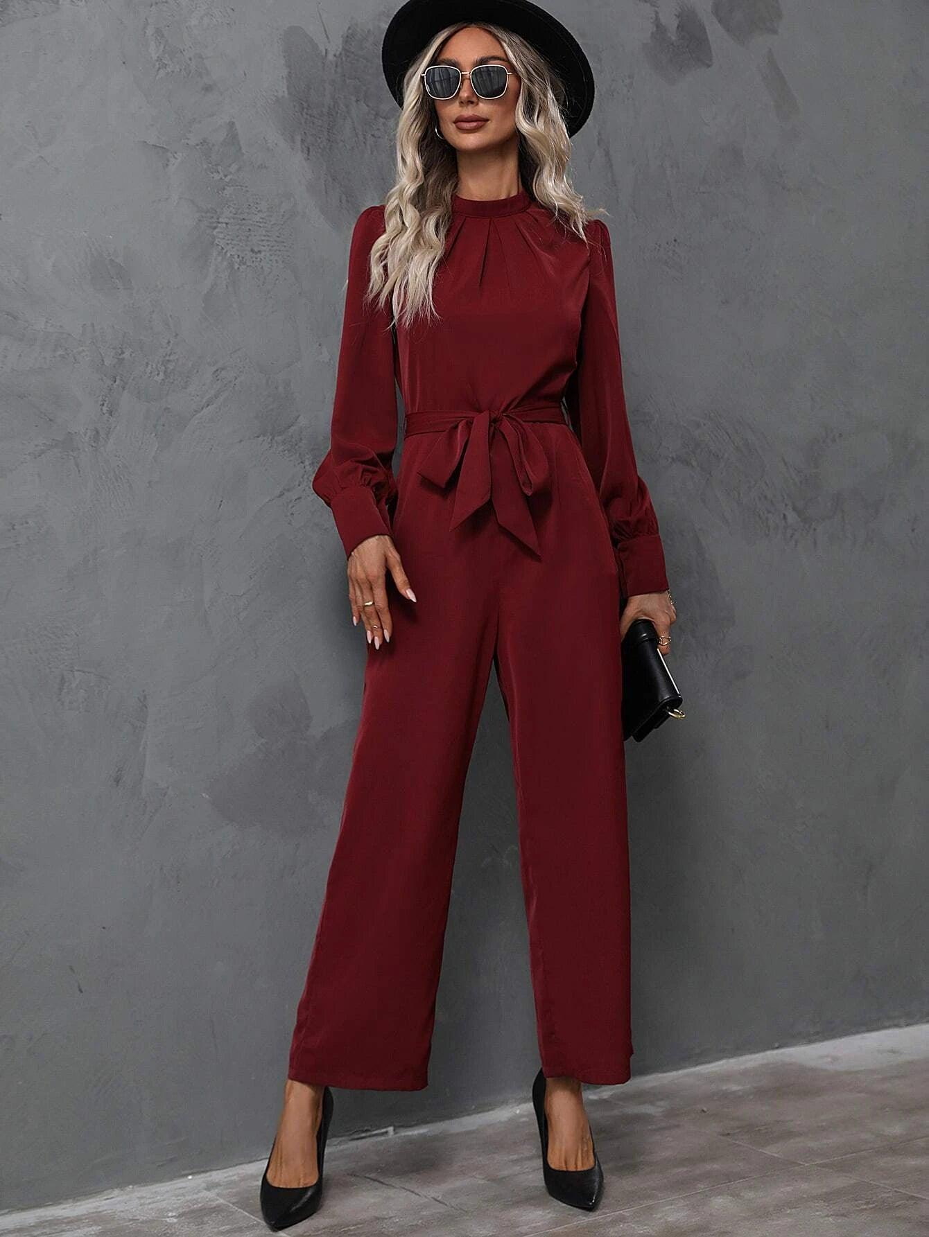 Mock Neck Sleeve Belted Jumpsuit-Comfy Jumpsuits