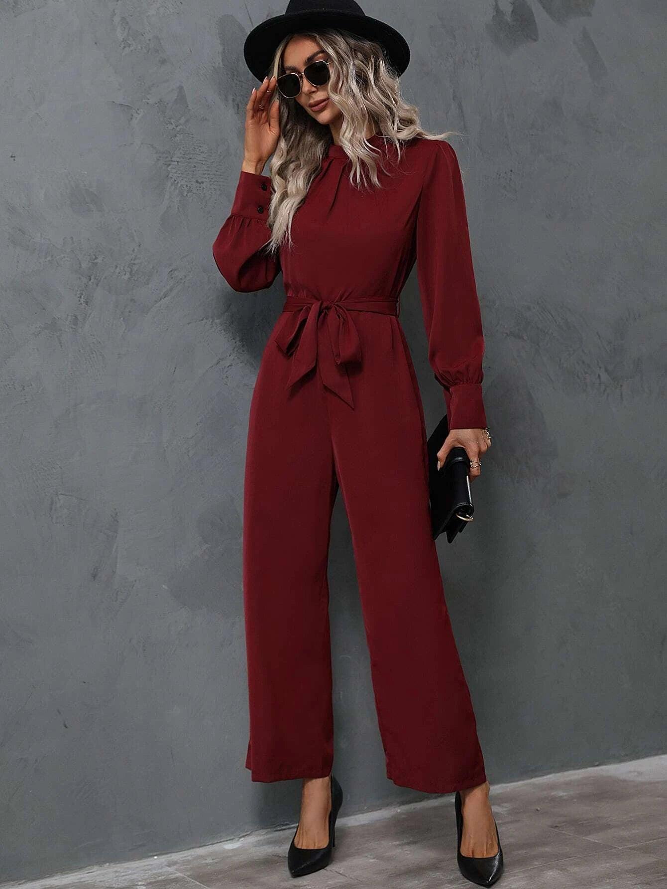 Mock Neck Sleeve Belted Jumpsuit-Comfy Jumpsuits
