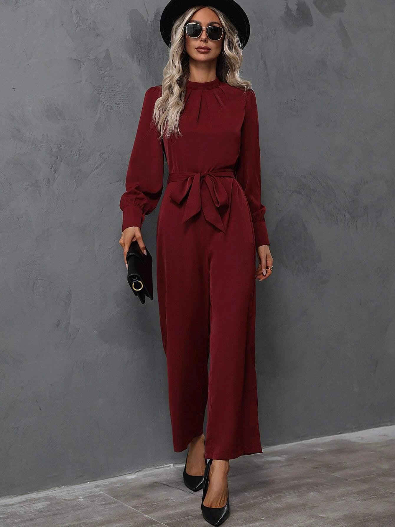 Mock Neck Sleeve Belted Jumpsuit-Comfy Jumpsuits