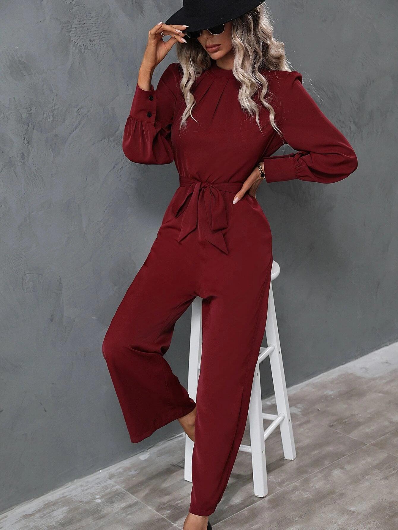 Mock Neck Sleeve Belted Jumpsuit-Comfy Jumpsuits