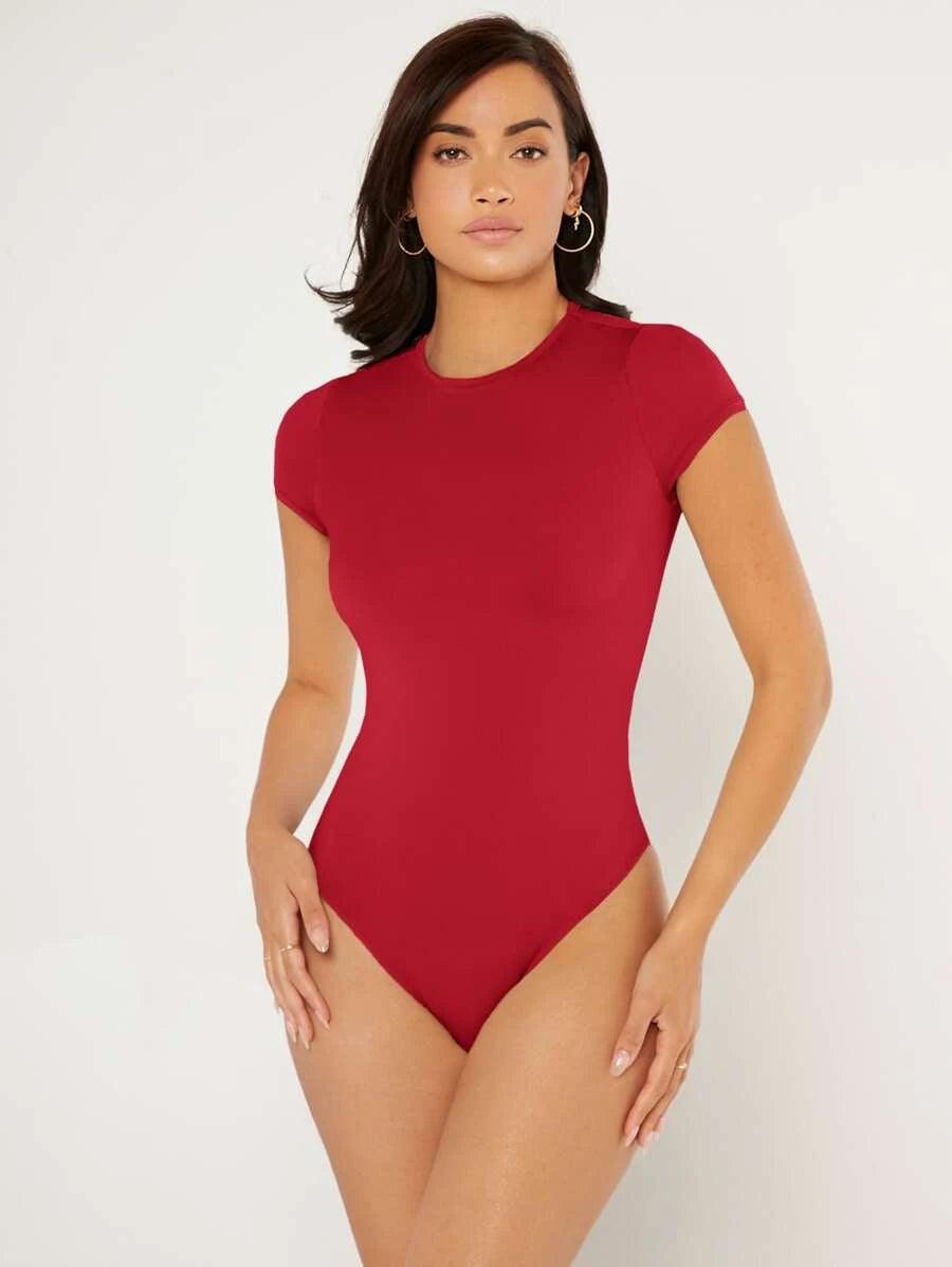 Solid Slim Cut Round Neck Bodysuit-Comfy Jumpsuits