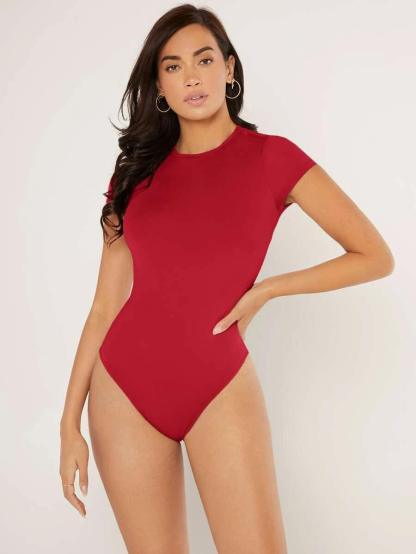Solid Slim Cut Round Neck Bodysuit-Comfy Jumpsuits