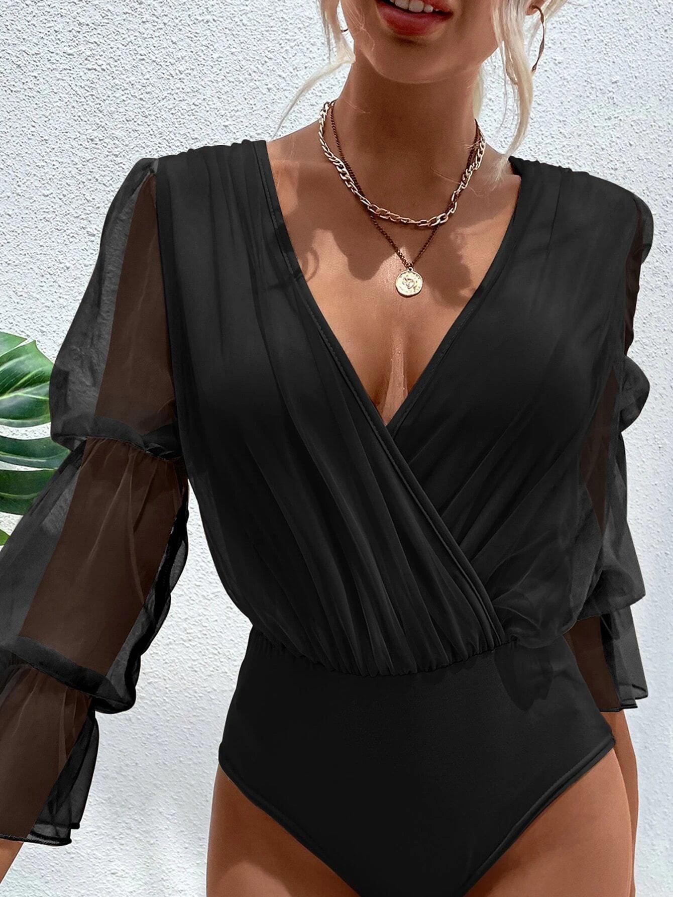 Mesh Gathered Sleeve Bodysuit-Comfy Jumpsuits