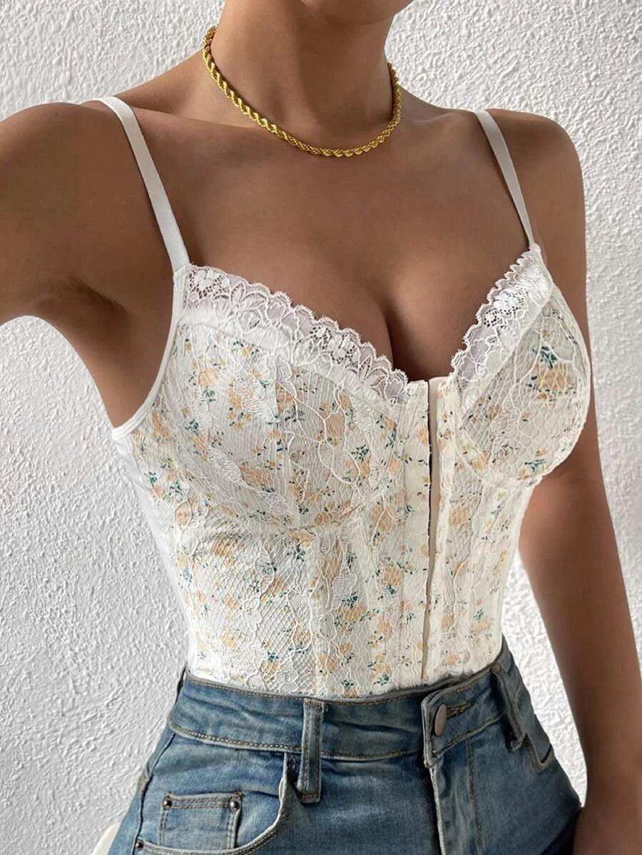 Hook And Eye Lace Cami Bodysuit-Comfy Jumpsuits