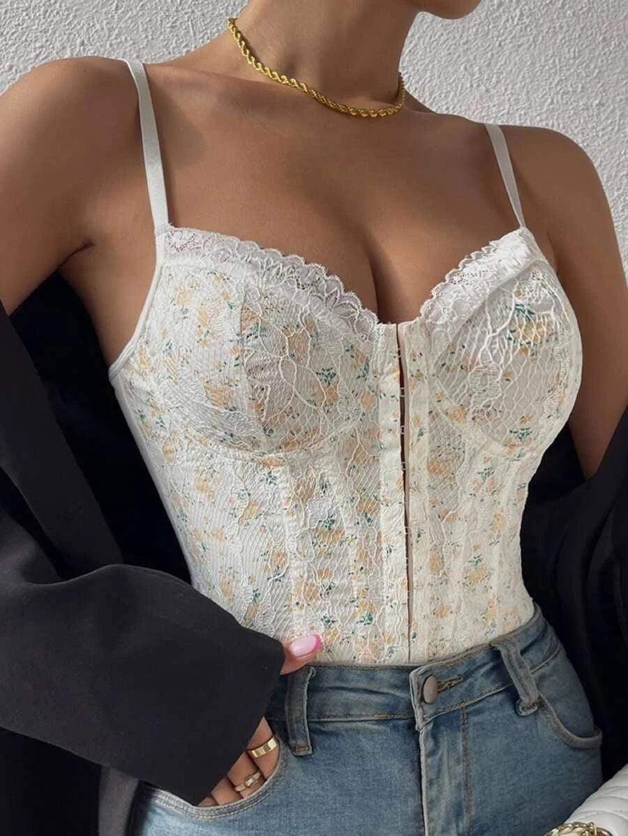 Hook And Eye Lace Cami Bodysuit-Comfy Jumpsuits