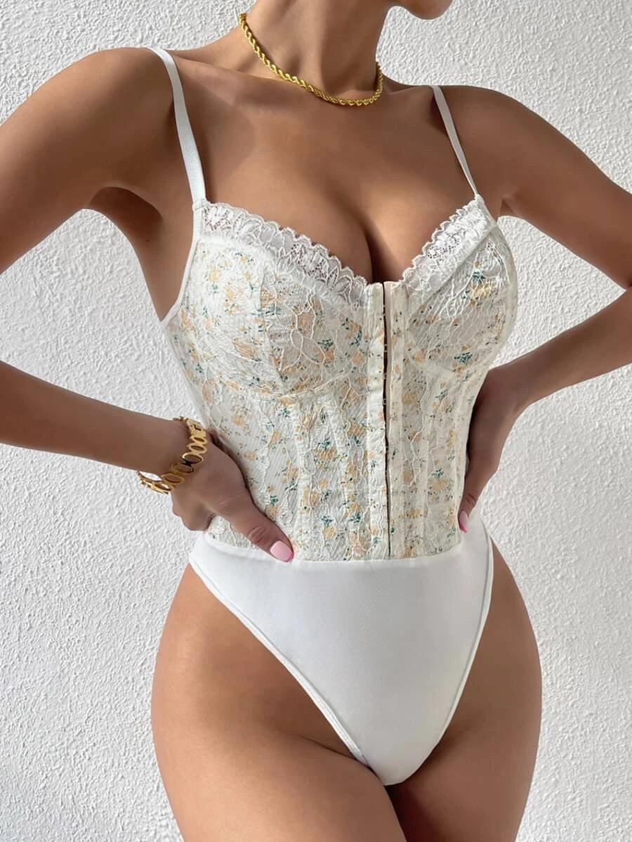 Hook And Eye Lace Cami Bodysuit-Comfy Jumpsuits