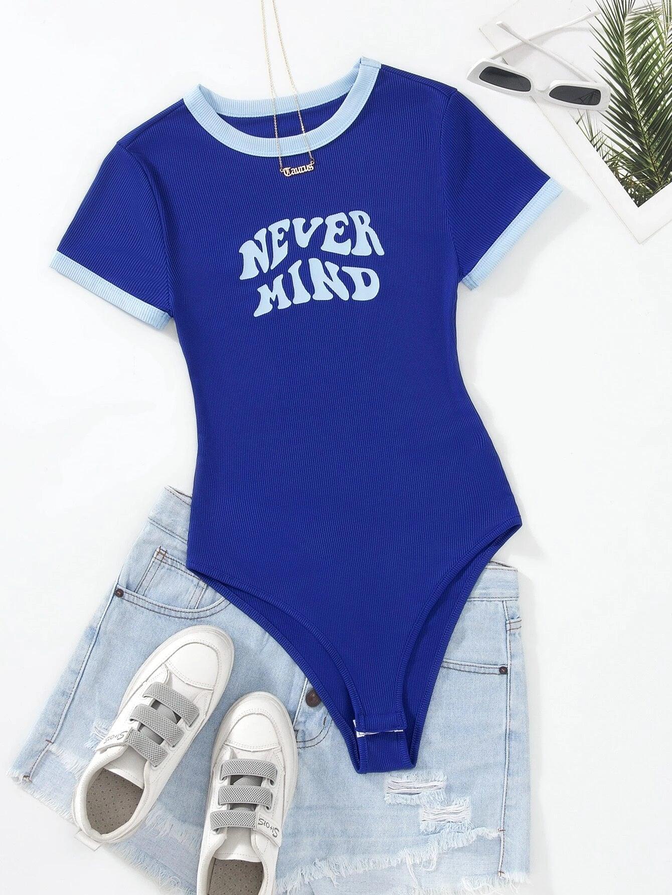 Slogan Graphic Contrast Trim Bodysuit-Comfy Jumpsuits