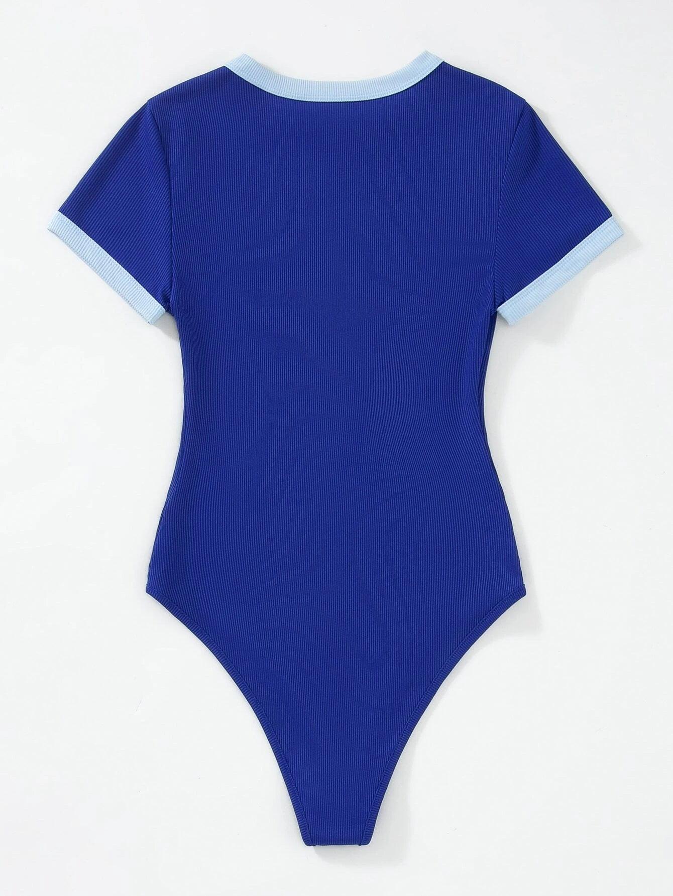 Slogan Graphic Contrast Trim Bodysuit-Comfy Jumpsuits