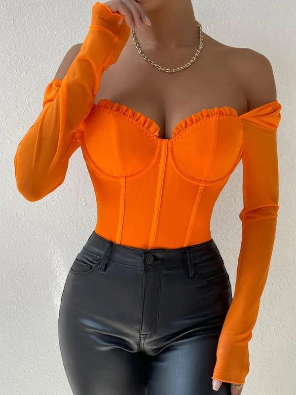 Frill Bustier Casual Long Sleeve Mesh Bodysuit-Comfy Jumpsuits