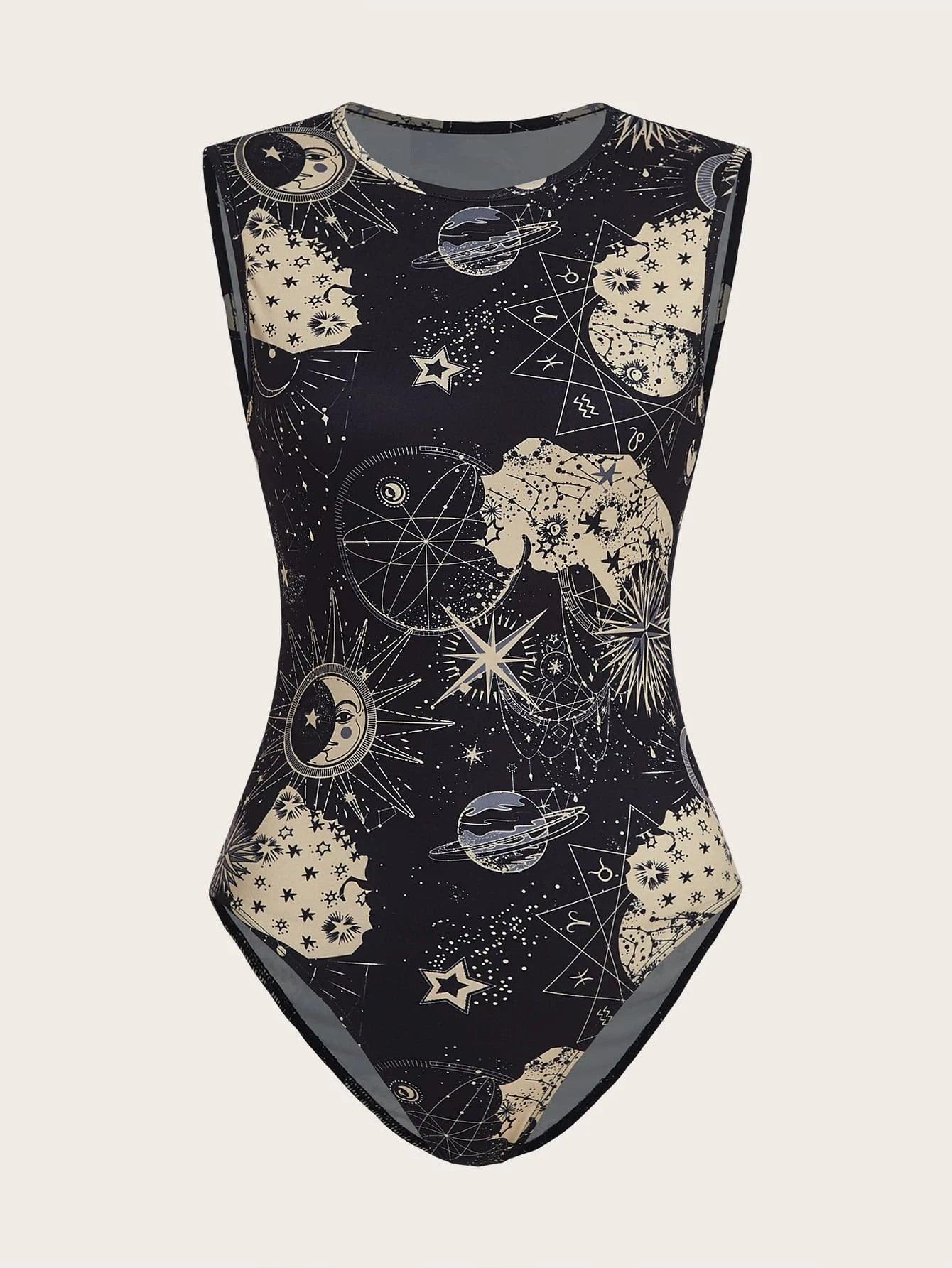 Galaxy Print Tank Bodysuit-Comfy Jumpsuits