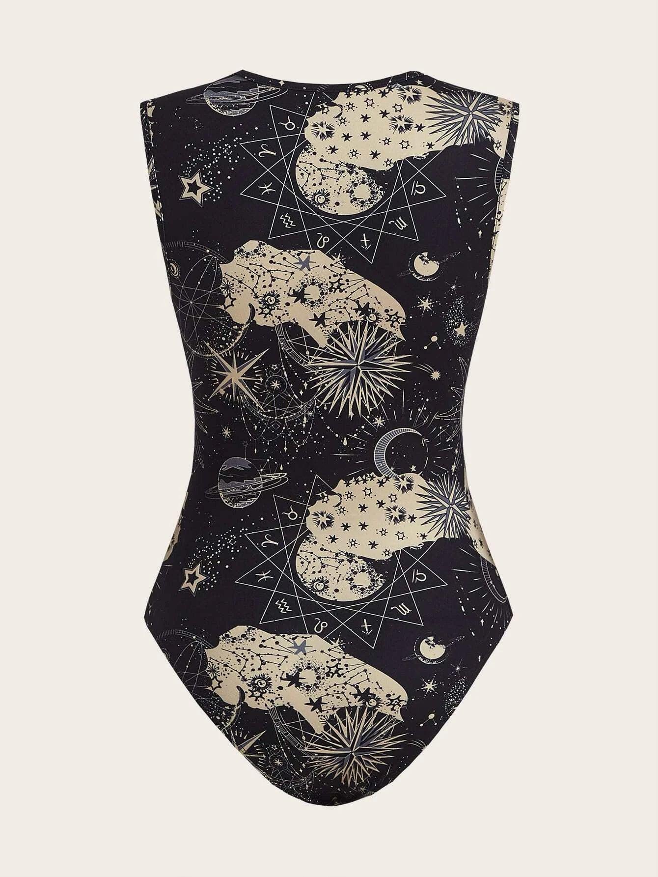 Galaxy Print Tank Bodysuit-Comfy Jumpsuits