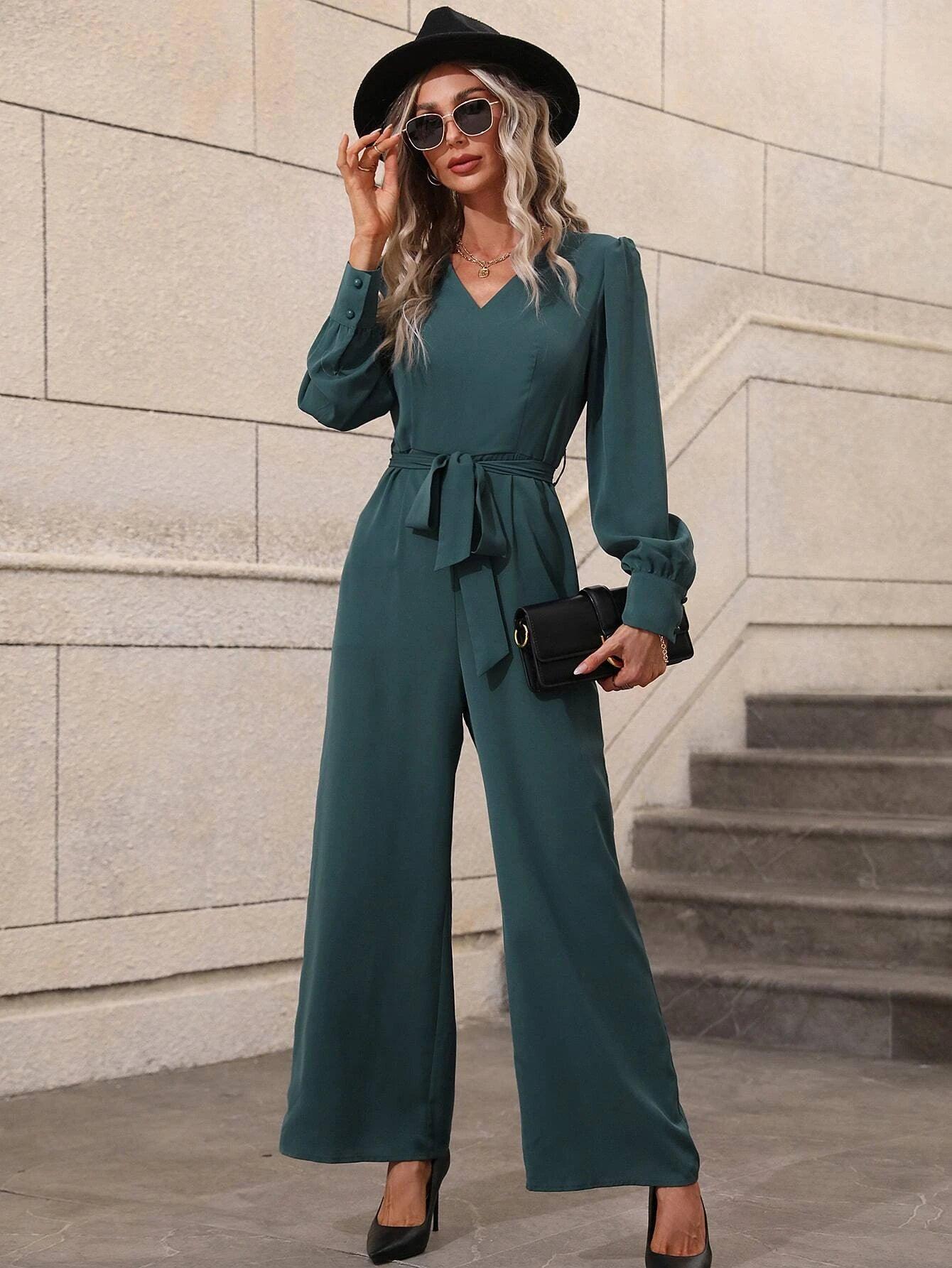 V-Neck Puff Sleeve Belted Wide Leg Jumpsuit-Comfy Jumpsuits
