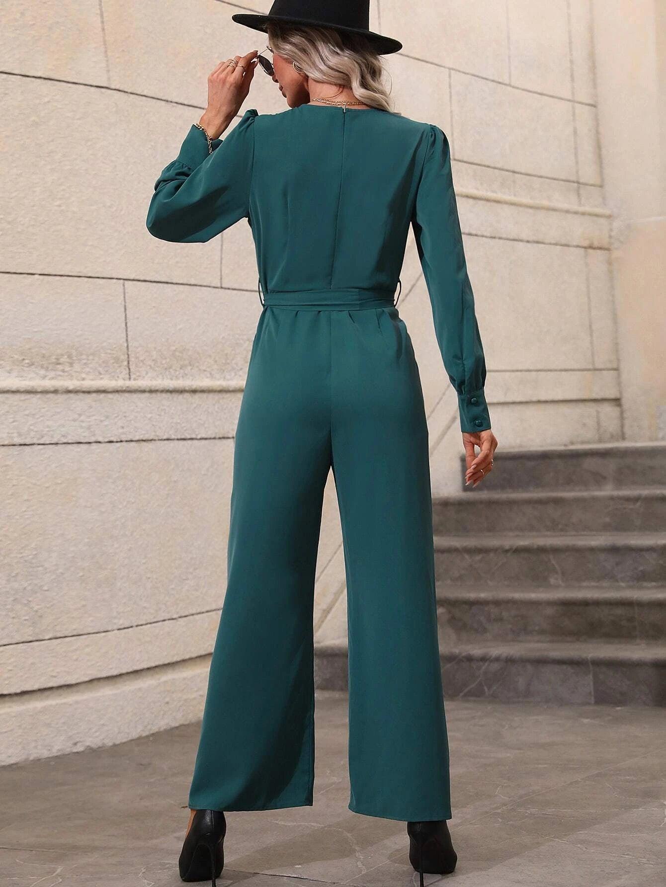 V-Neck Puff Sleeve Belted Wide Leg Jumpsuit-Comfy Jumpsuits