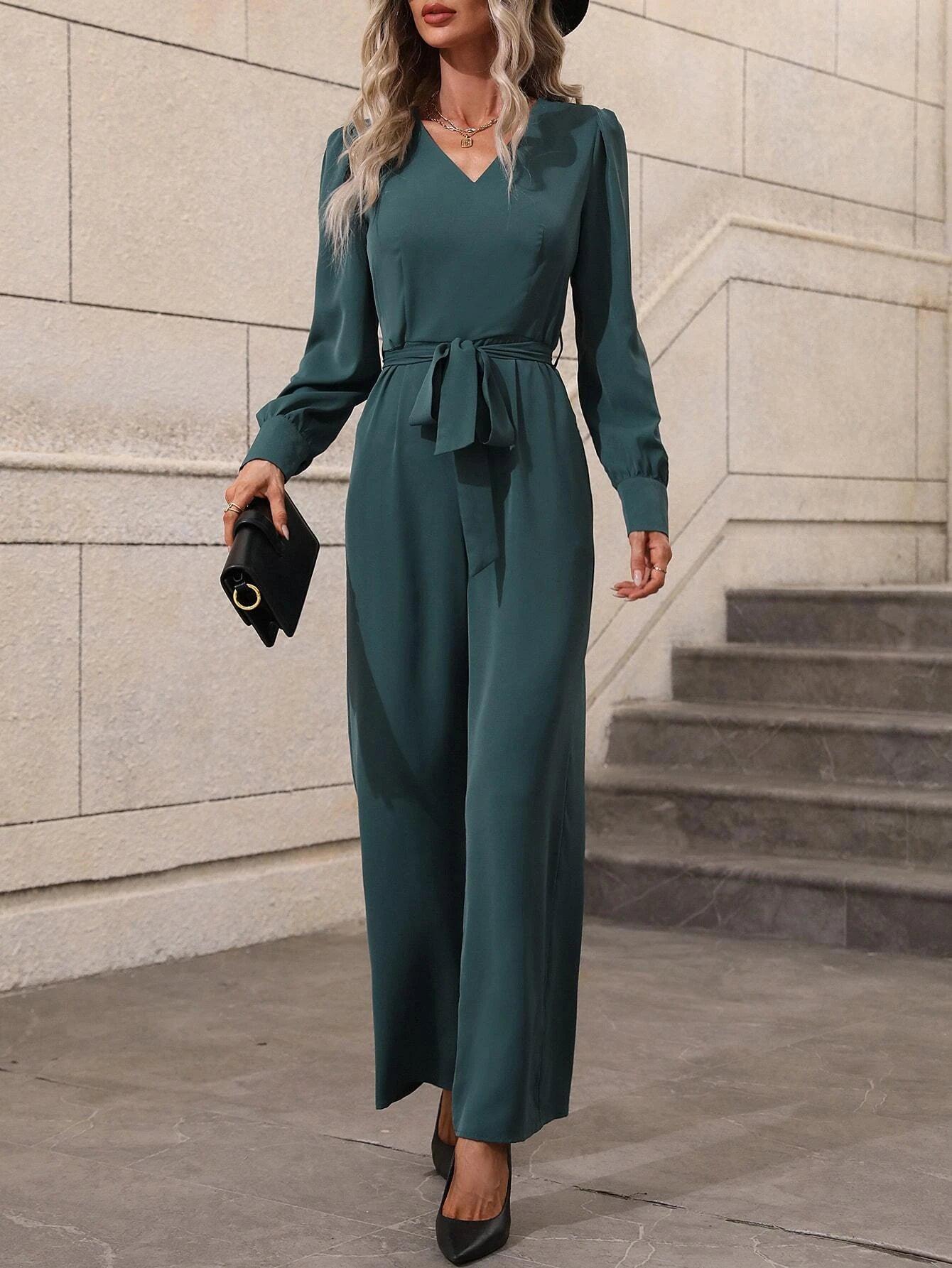V-Neck Puff Sleeve Belted Wide Leg Jumpsuit-Comfy Jumpsuits