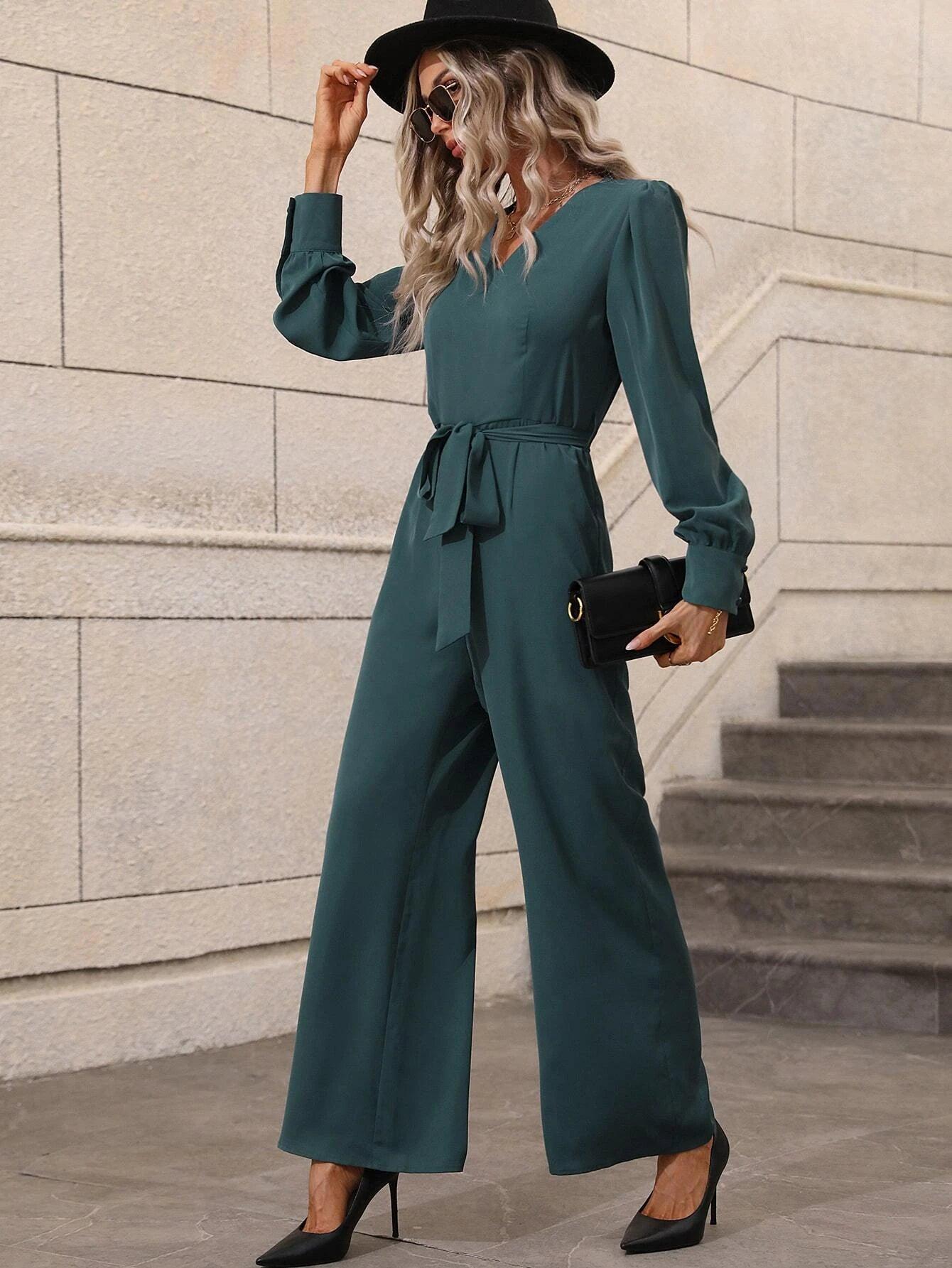 V-Neck Puff Sleeve Belted Wide Leg Jumpsuit-Comfy Jumpsuits
