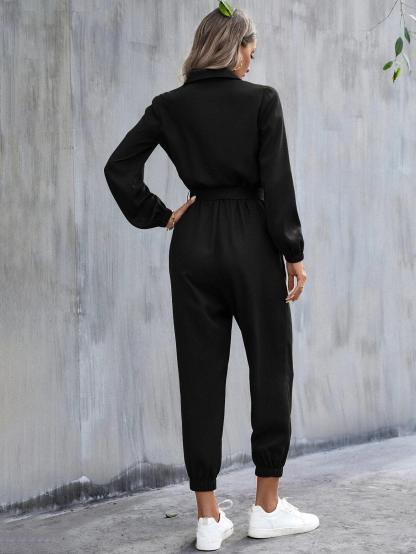 Button Front Belt Jumpsuit-Comfy Jumpsuits