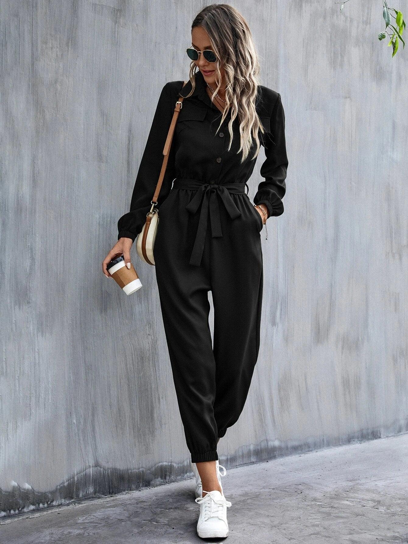 Button Front Belt Jumpsuit-Comfy Jumpsuits
