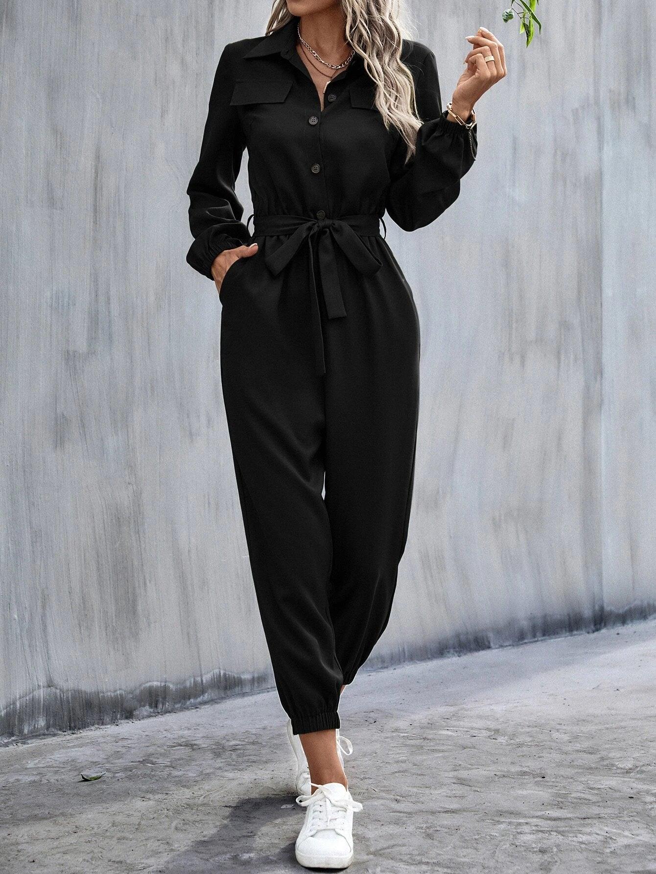 Button Front Belt Jumpsuit-Comfy Jumpsuits