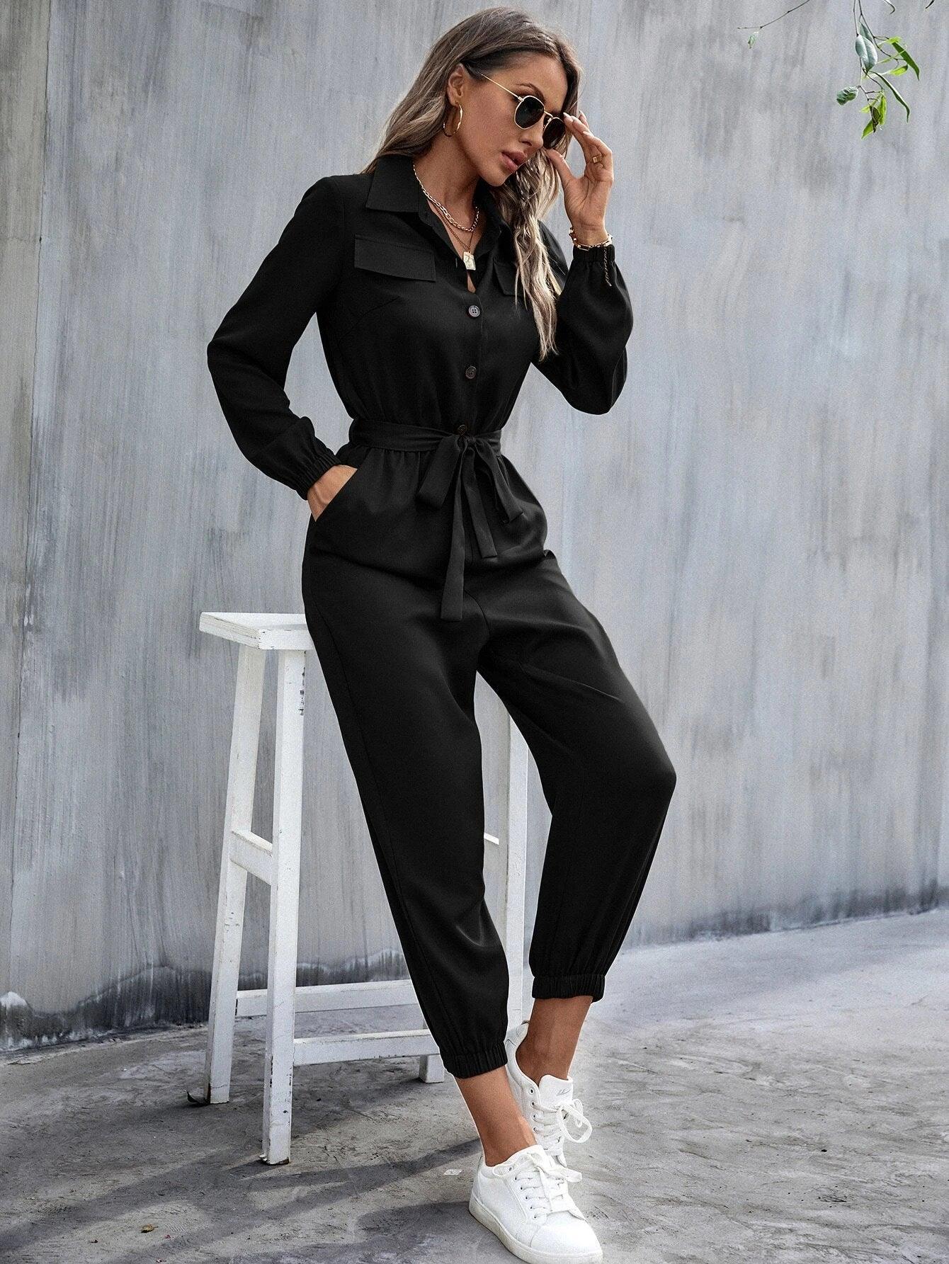 Button Front Belt Jumpsuit-Comfy Jumpsuits