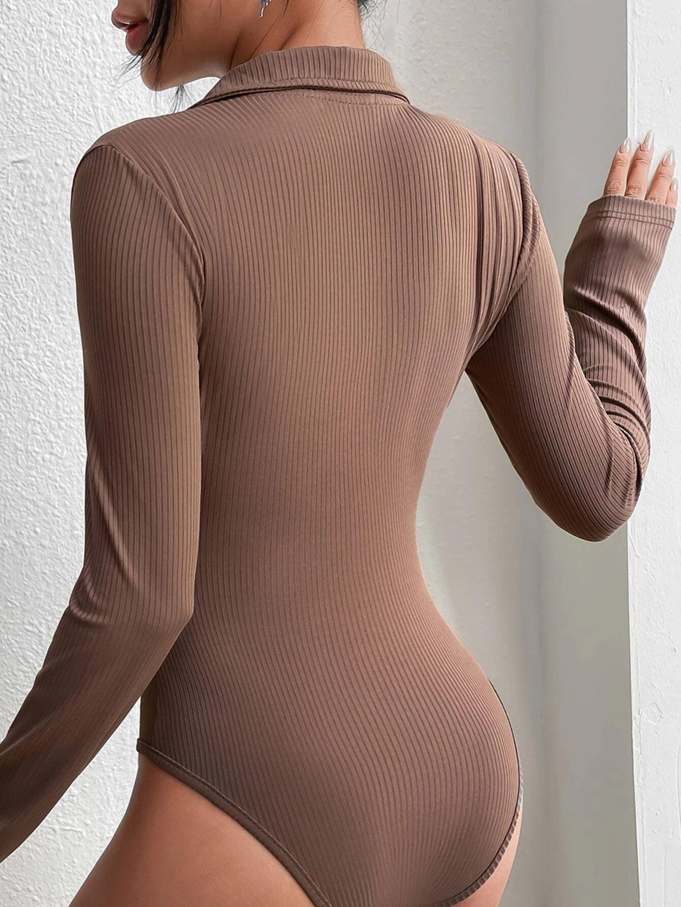 Half Zipper Long Sleeve Bodysuit-Comfy Jumpsuits