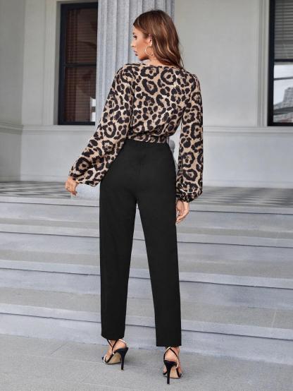 Leopard Print Lantern Sleeve Belted Shirt Jumpsuit-Comfy Jumpsuits