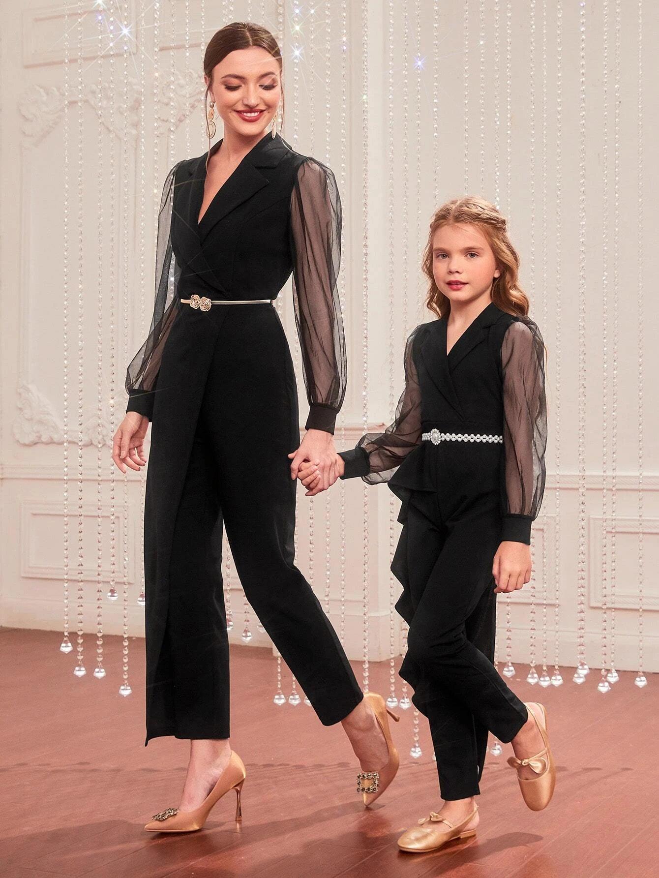 Contrast Mesh Bishop Sleeve Lapel Neck Belted Jumpsuit-Comfy Jumpsuits