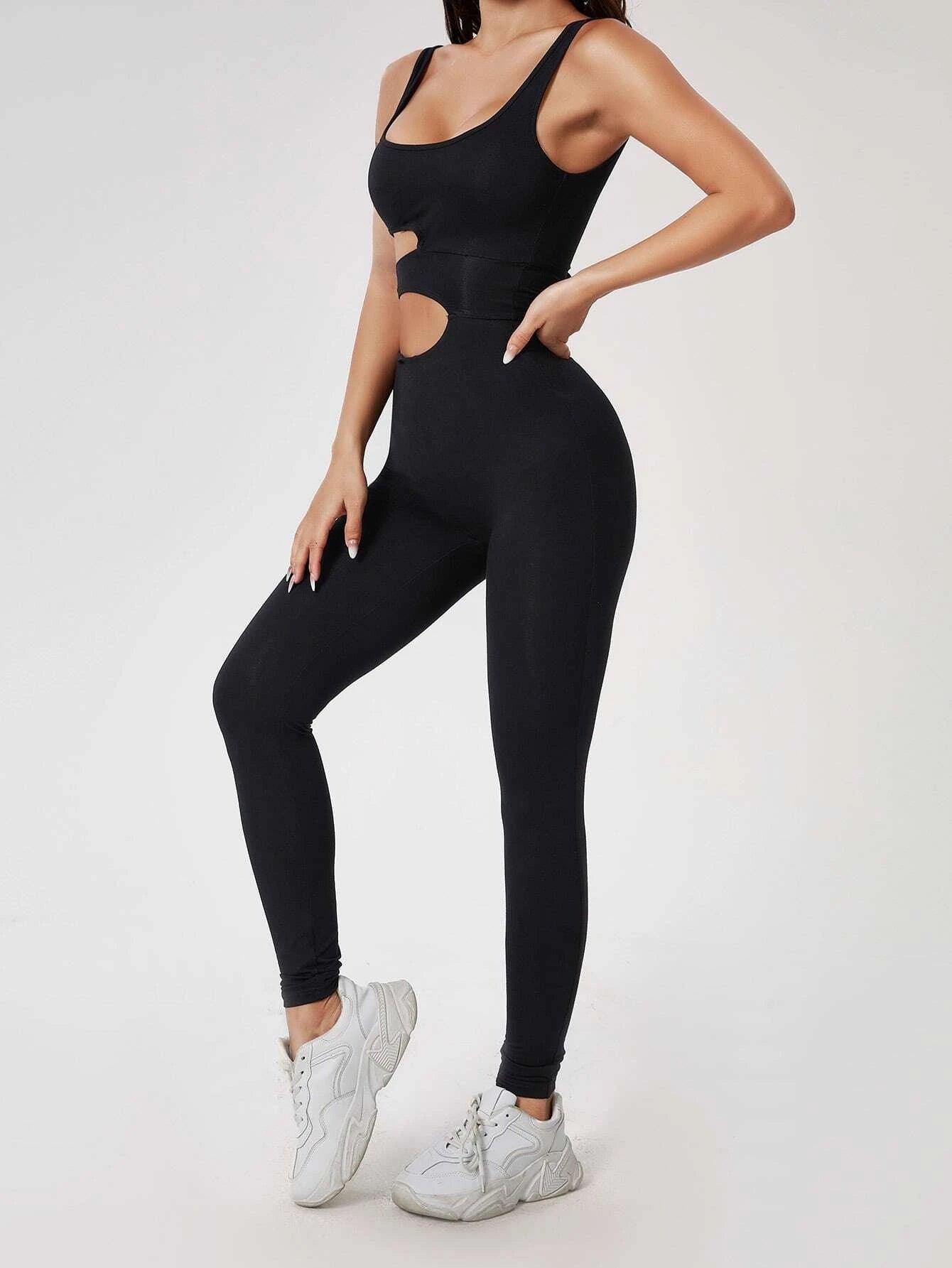 Solid Cut Out Unitard Plain Sleeveless Jumpsuit-Comfy Jumpsuits