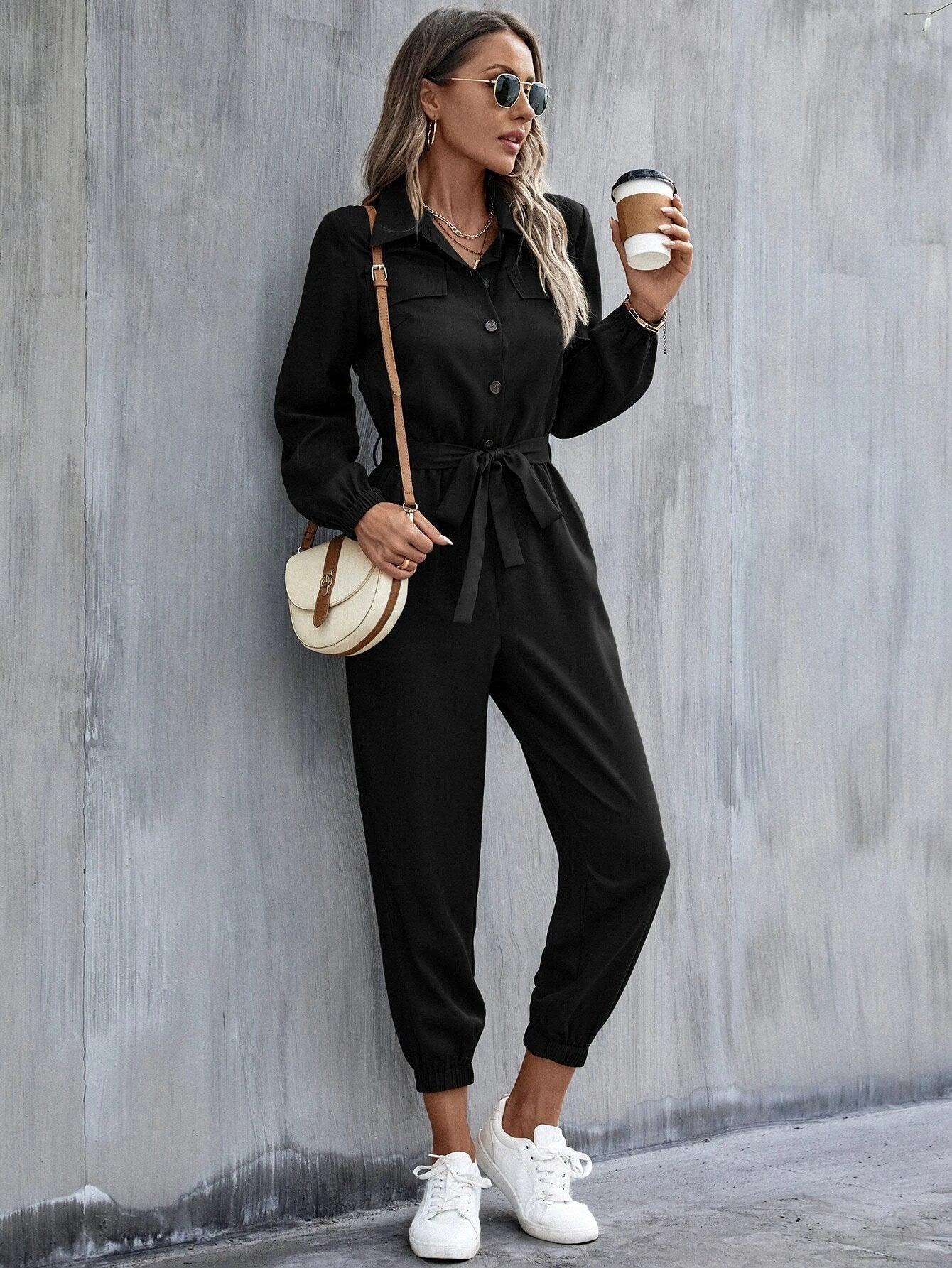 Button Front Belt Jumpsuit-Comfy Jumpsuits
