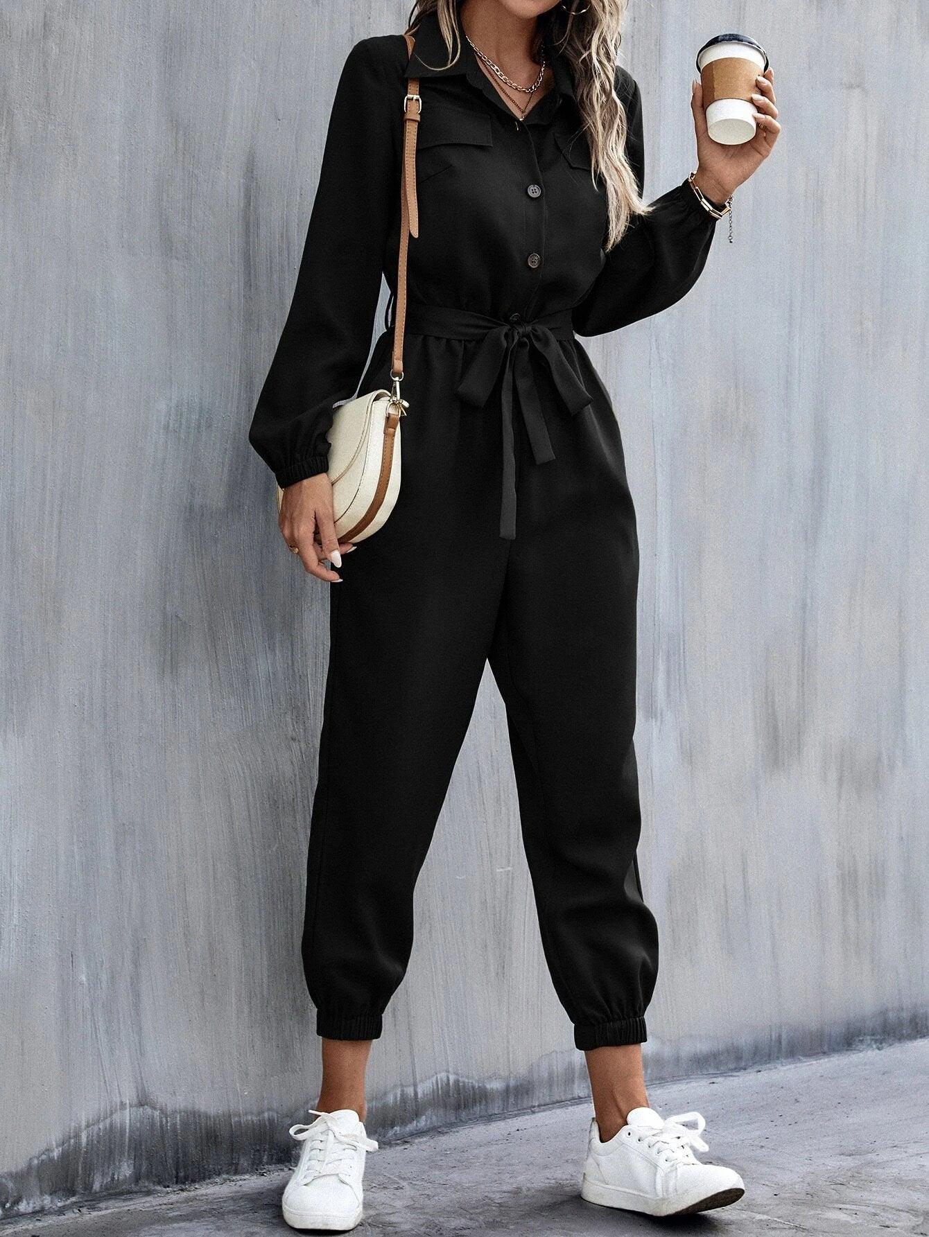 Button Front Belt Jumpsuit-Comfy Jumpsuits