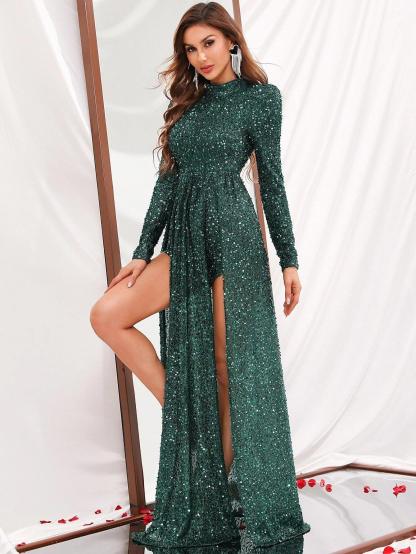 Mock Neck Sequin Romper With Skirt-Comfy Jumpsuits