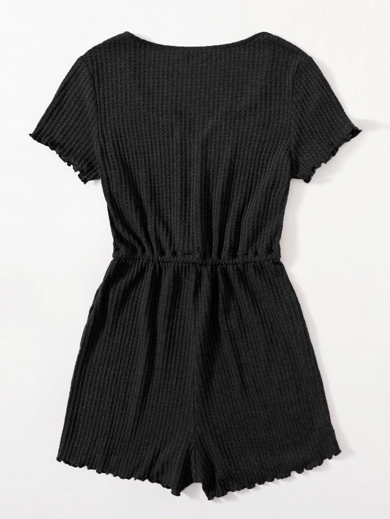 Notched Neck Lettuce Trim Romper-Comfy Jumpsuits