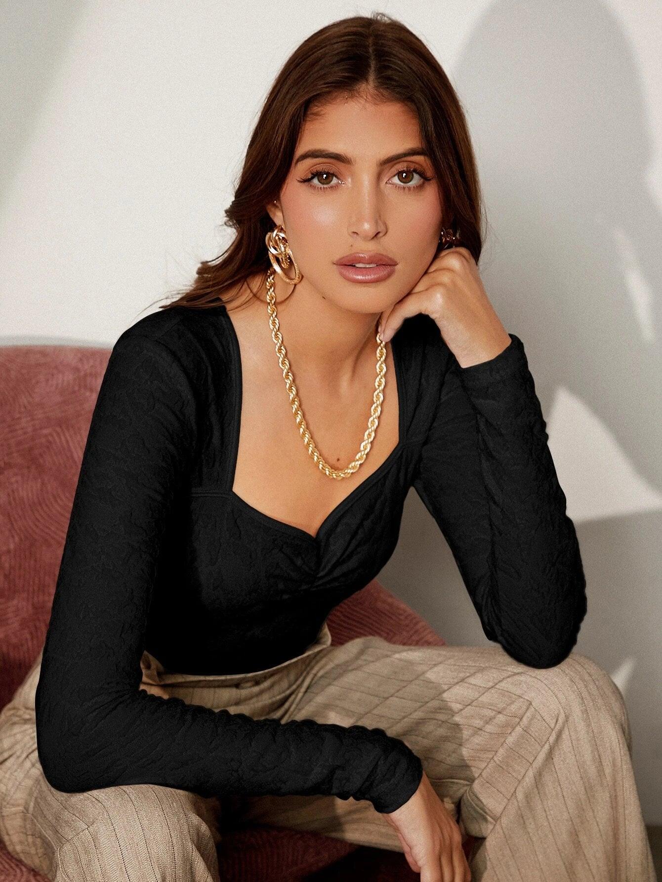 Long Sleeves Textured Bodysuit-Comfy Jumpsuits