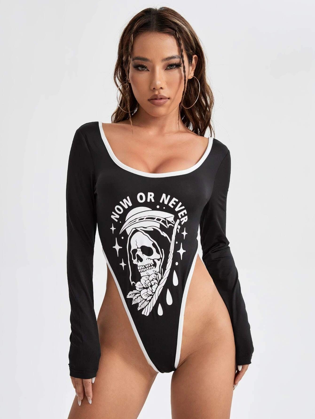 Slogan Graphic Contrast Binding High Cut Bodysuit-Comfy Jumpsuits