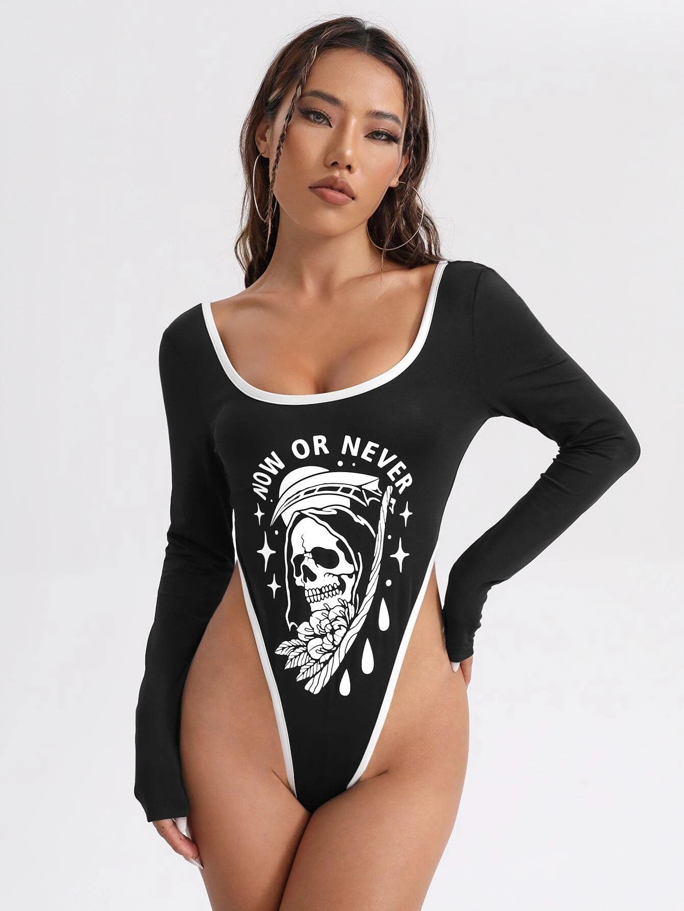 Slogan Graphic Contrast Binding High Cut Bodysuit-Comfy Jumpsuits