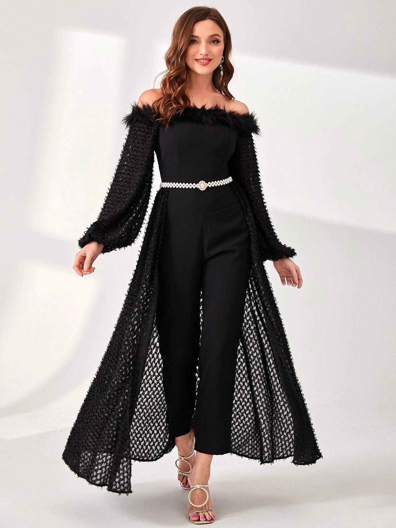 Shoulder Fuzzy Trim Overlay Belted Jumpsuit-Comfy Jumpsuits