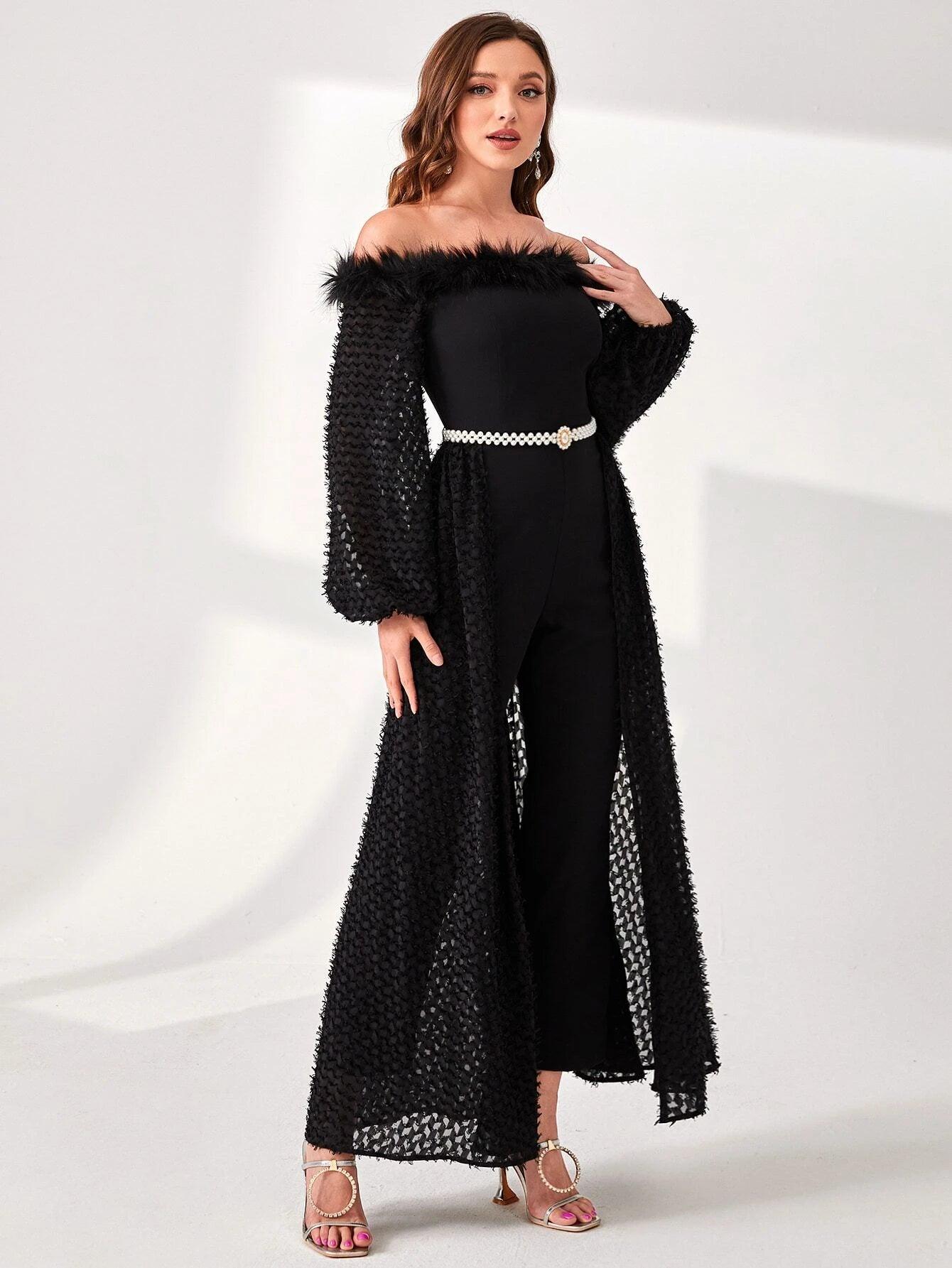 Shoulder Fuzzy Trim Overlay Belted Jumpsuit-Comfy Jumpsuits