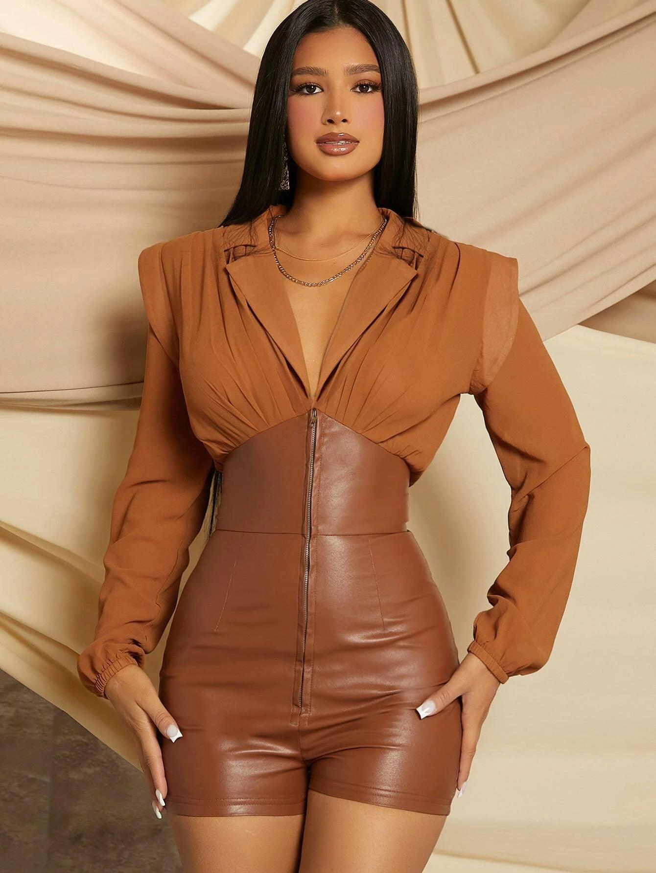 Notched Collar Zipper Romper-Comfy Jumpsuits