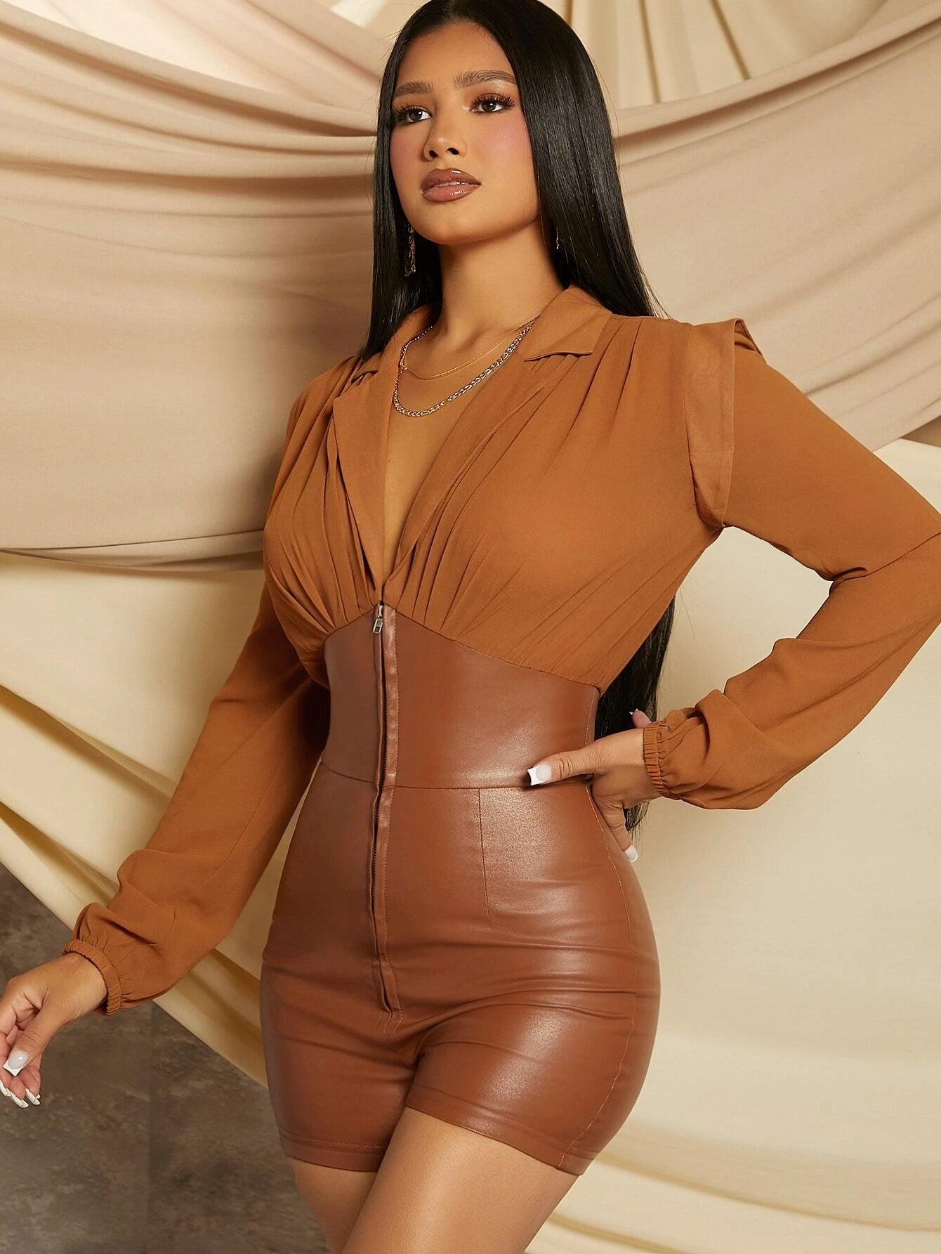 Notched Collar Zipper Romper-Comfy Jumpsuits