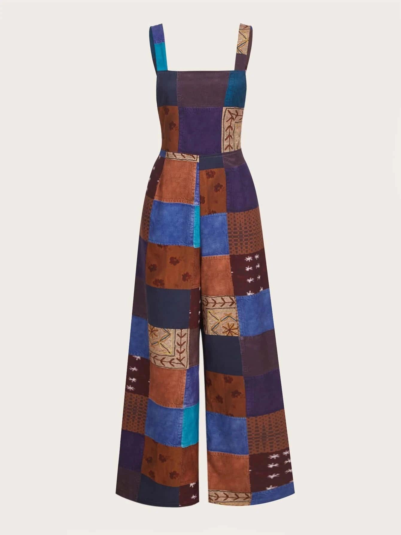 Patchwork Print Long Jumpsuit-Comfy Jumpsuits