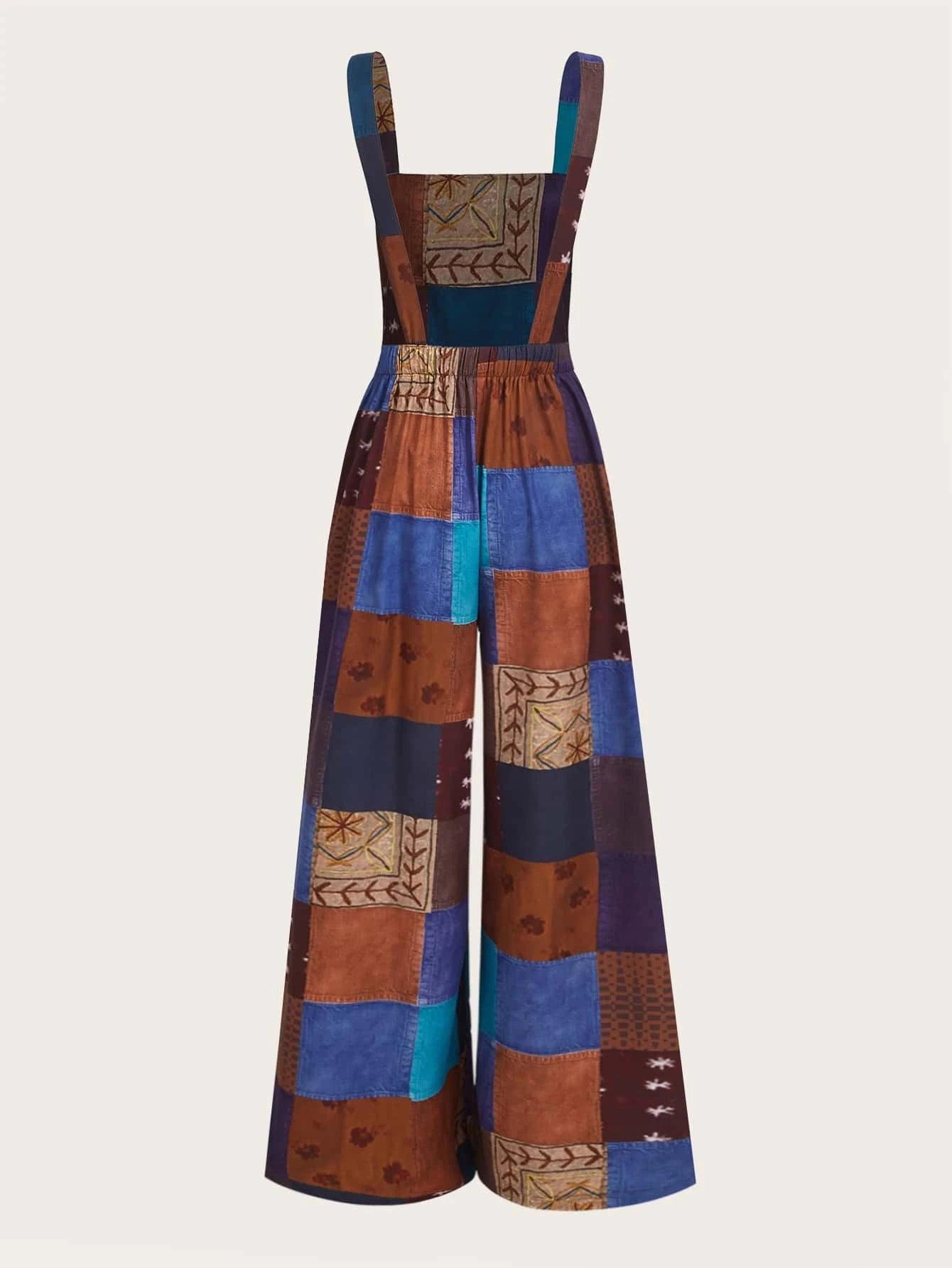 Patchwork Print Long Jumpsuit-Comfy Jumpsuits