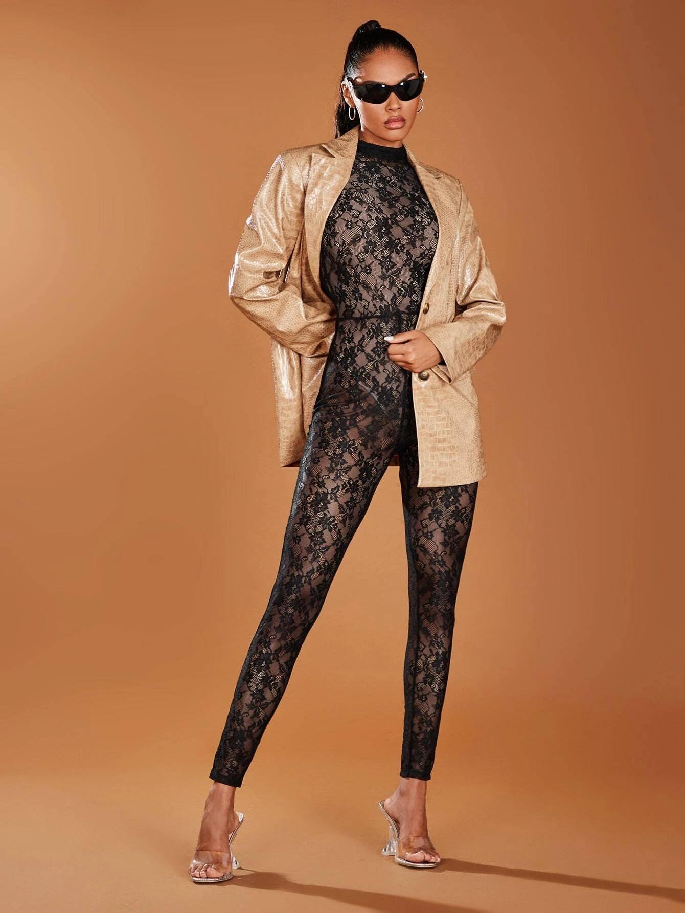 Floral Lace Mock Neck Jumpsuit Without Bodysuit-Comfy Jumpsuits