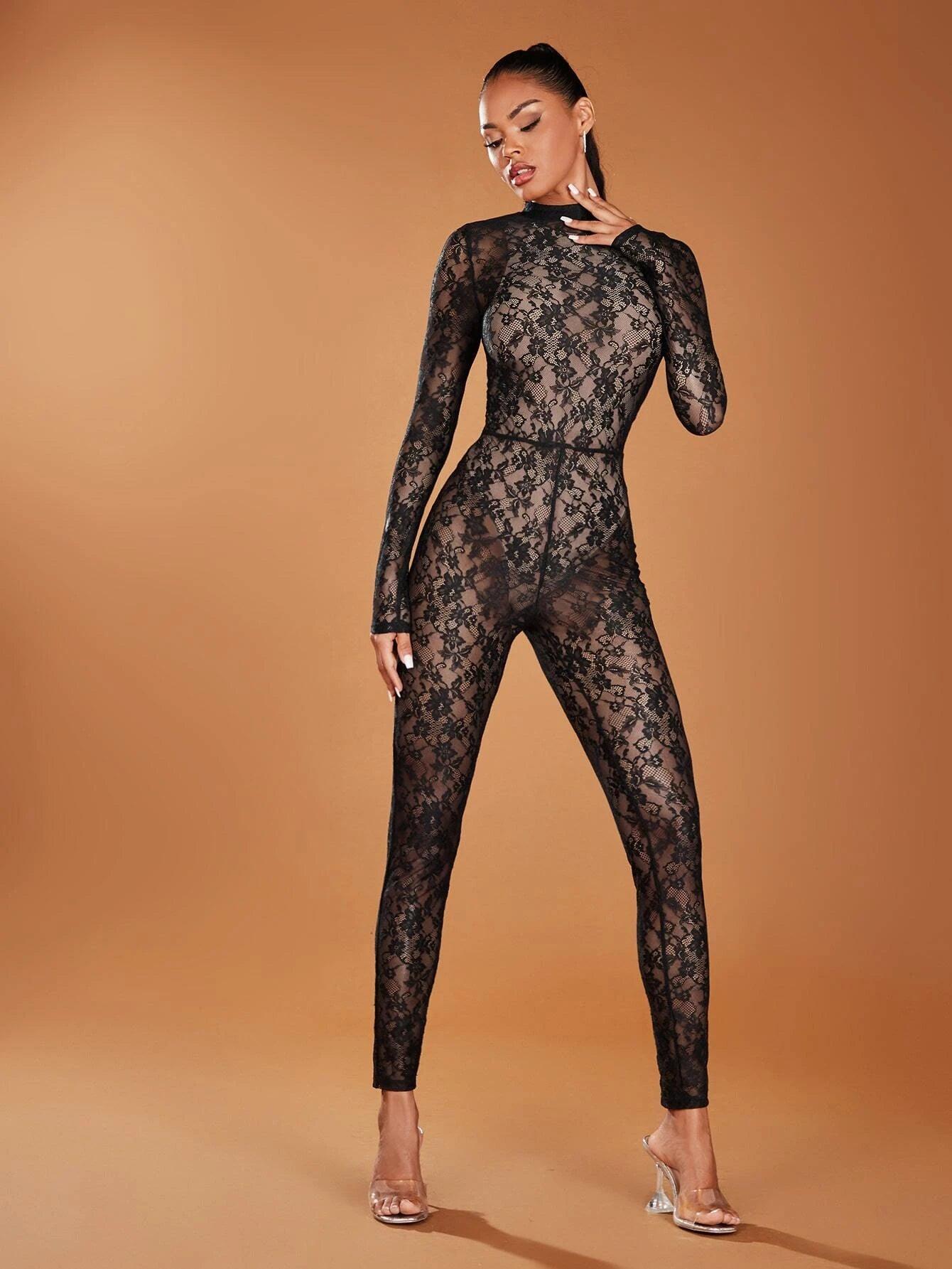 Floral Lace Mock Neck Jumpsuit Without Bodysuit-Comfy Jumpsuits