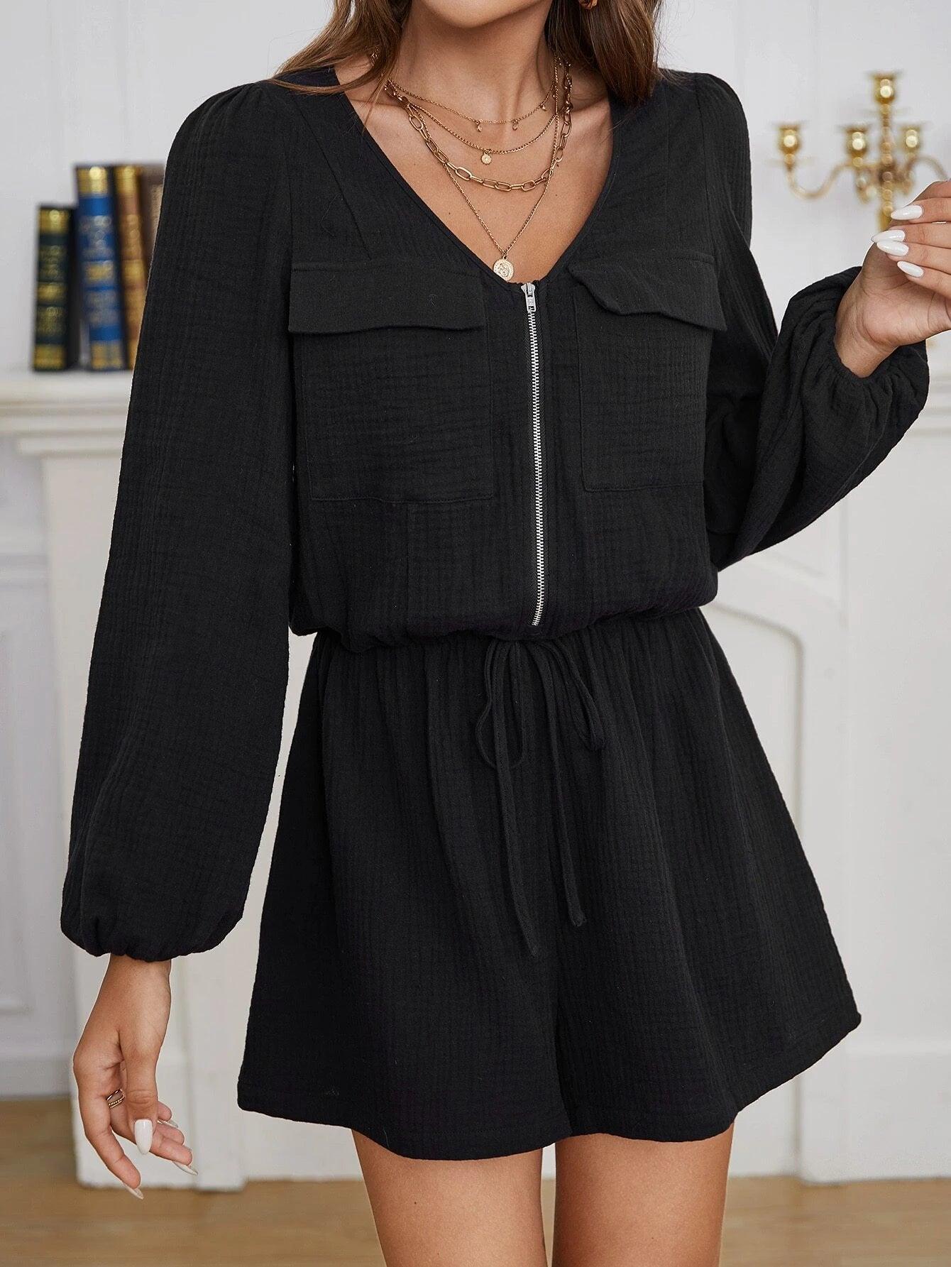 Tie Front Zip Half Placket Romper-Comfy Jumpsuits