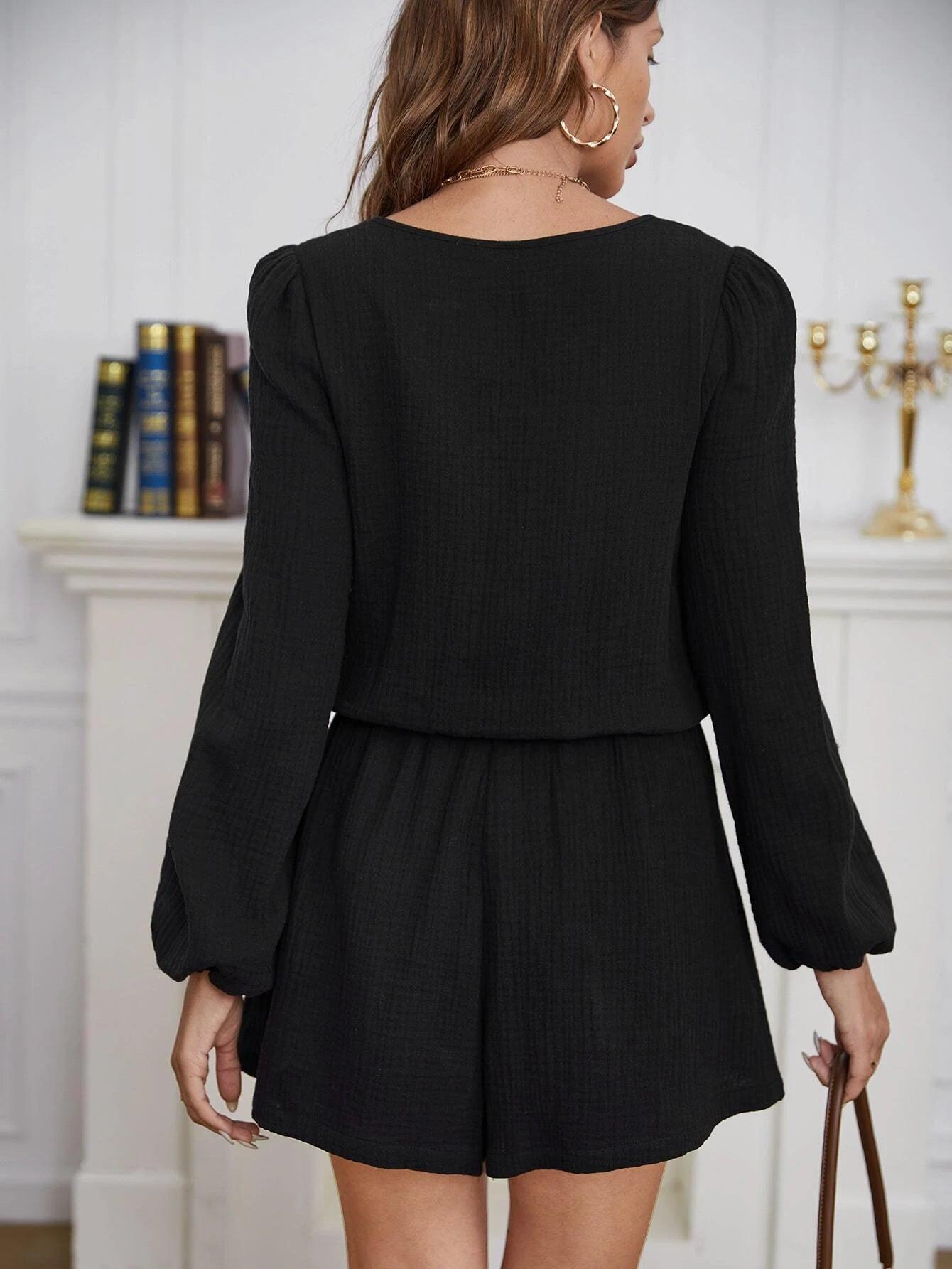 Tie Front Zip Half Placket Romper-Comfy Jumpsuits